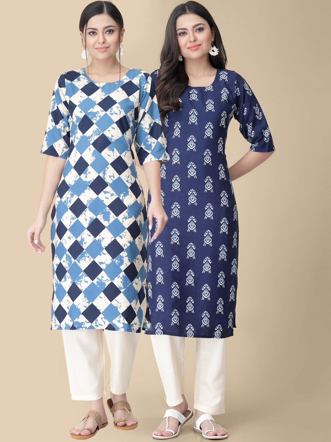 

7Threads Pack of 2 Ethnic Motifs Printed Crepe Kurta, Blue