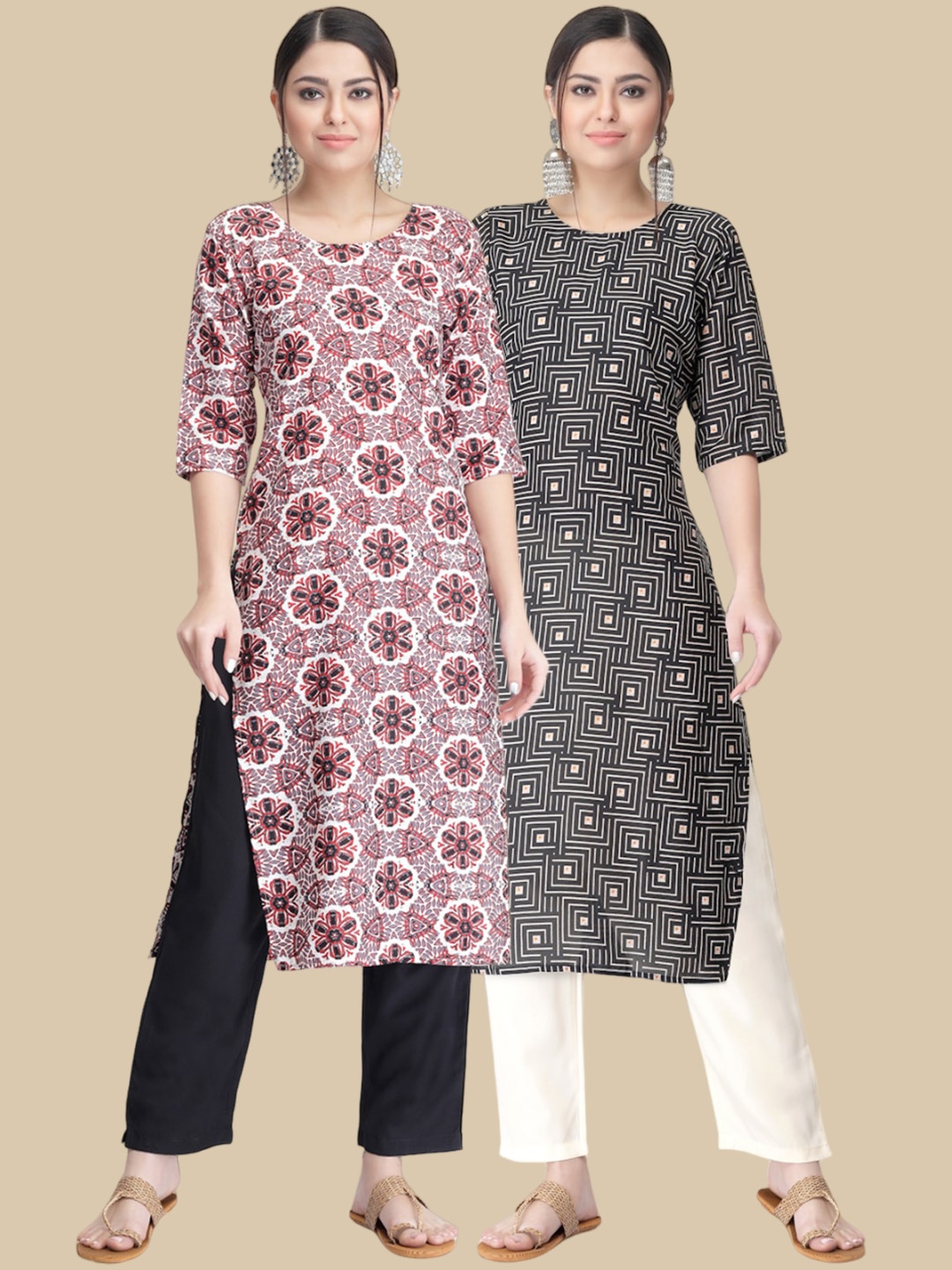 

7Threads Pack of 2 Geometric Printed Crepe Kurta, Pink