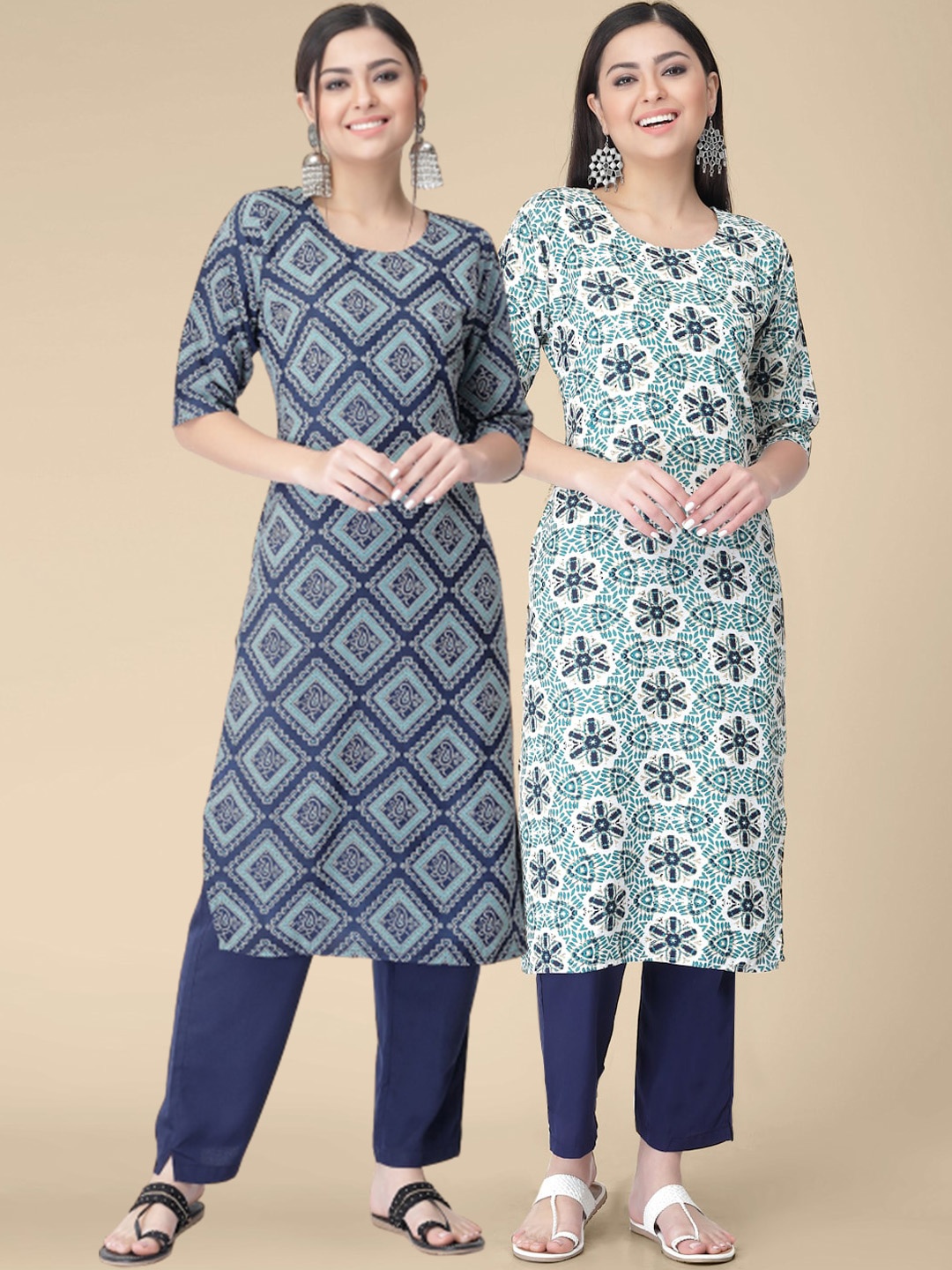 

7Threads Pack of 2 Ethnic Motifs Printed Crepe Kurta, Blue