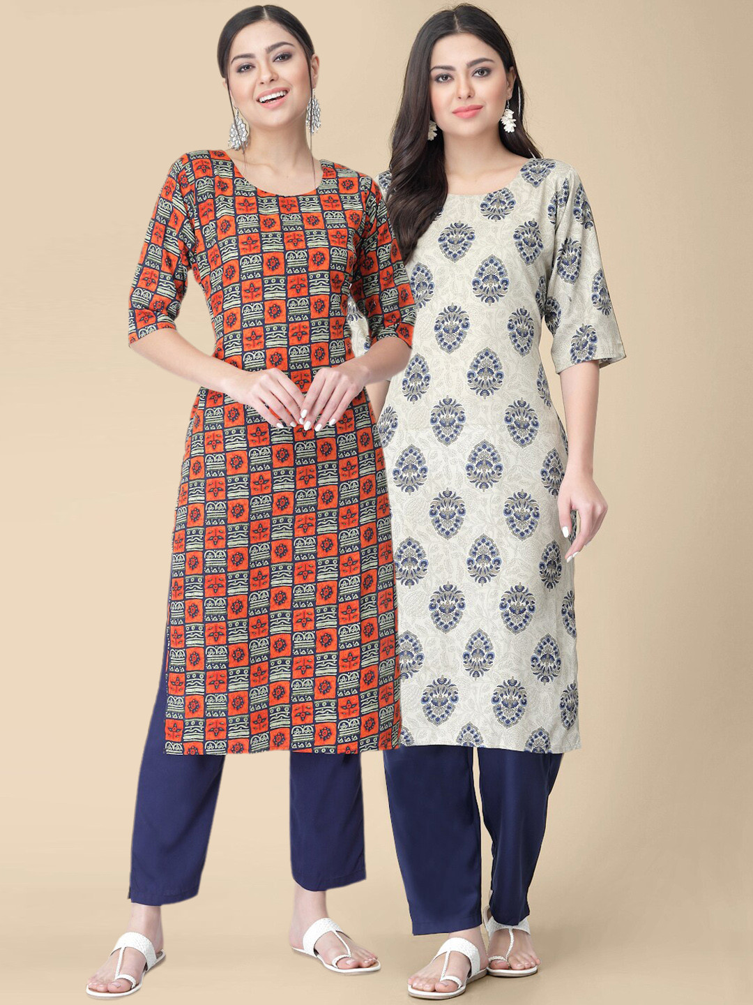 

KALINI Pack Of 2 Ethnic Motifs Printed Crepe Kurtas, Navy blue