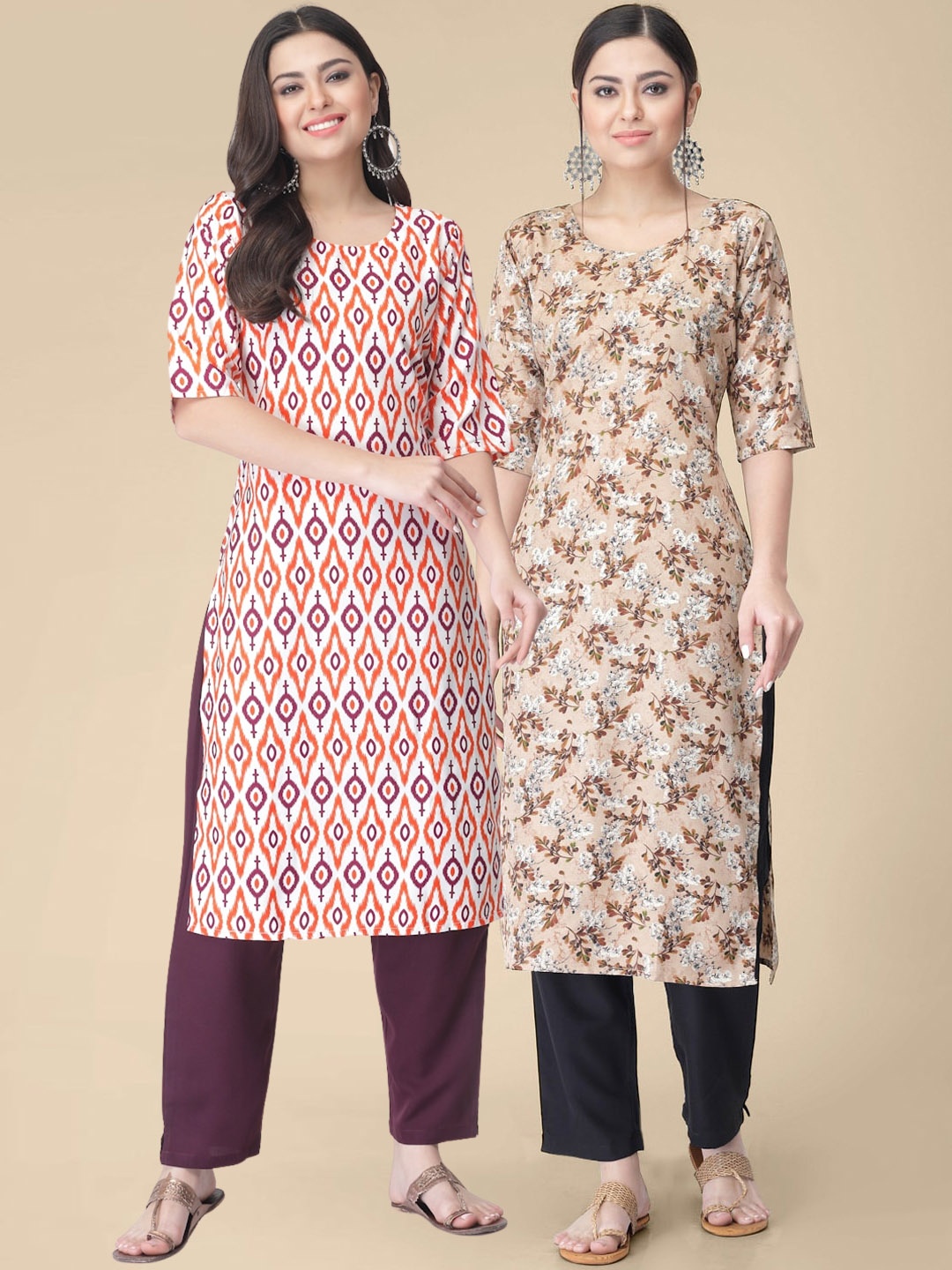 

7Threads Pack of 2 Floral Printed Crepe Kurta, Orange