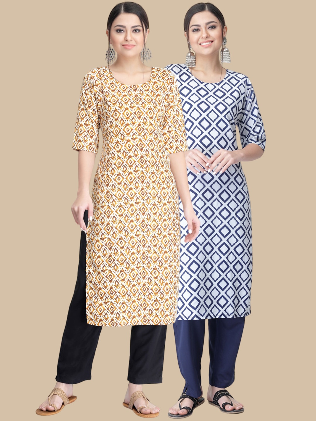 

7Threads Pack of 2 Geometric Printed Crepe Kurta, Mustard