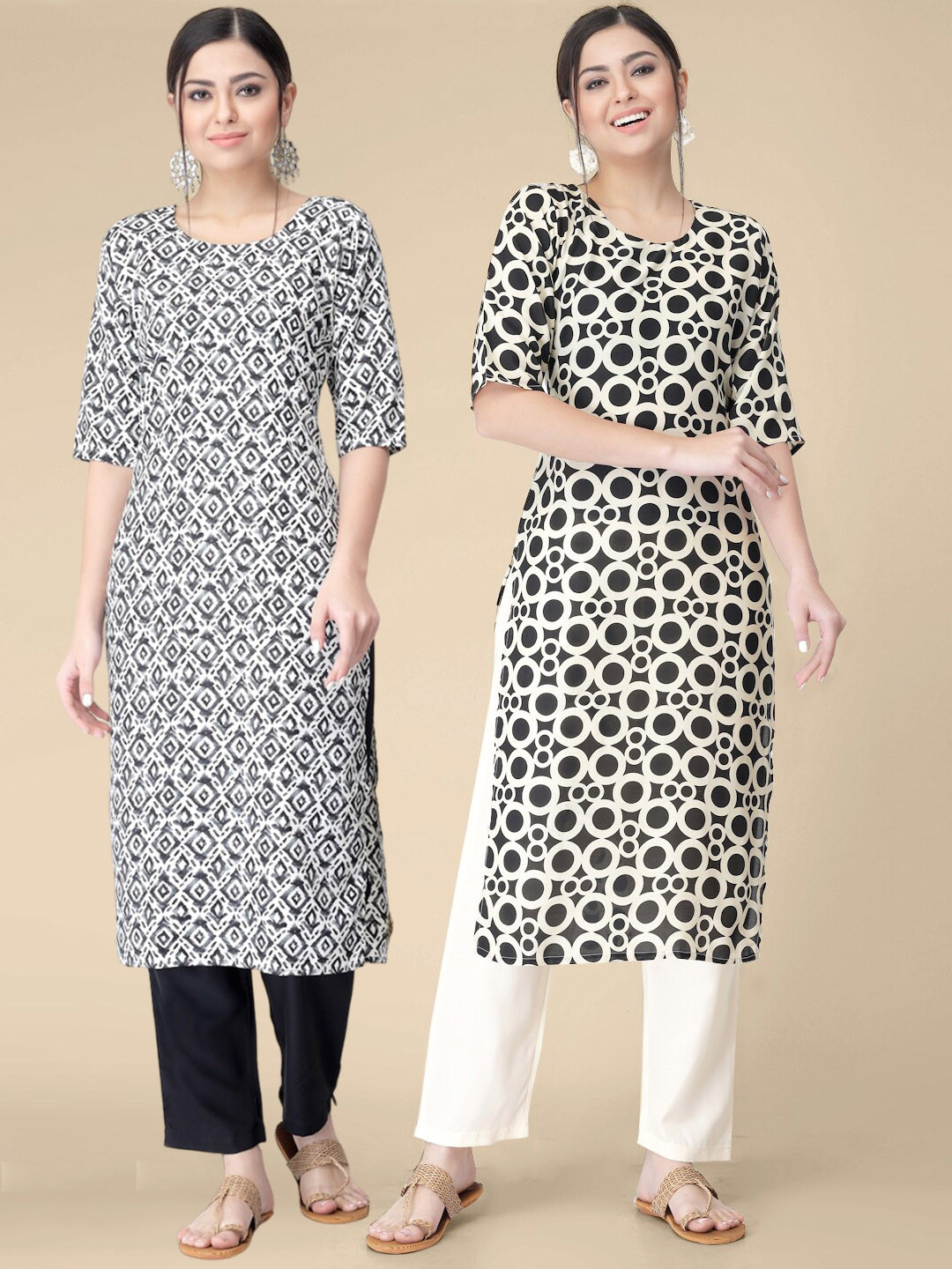 

KALINI Pack of 2 Geometric Printed Kurtas, Cream