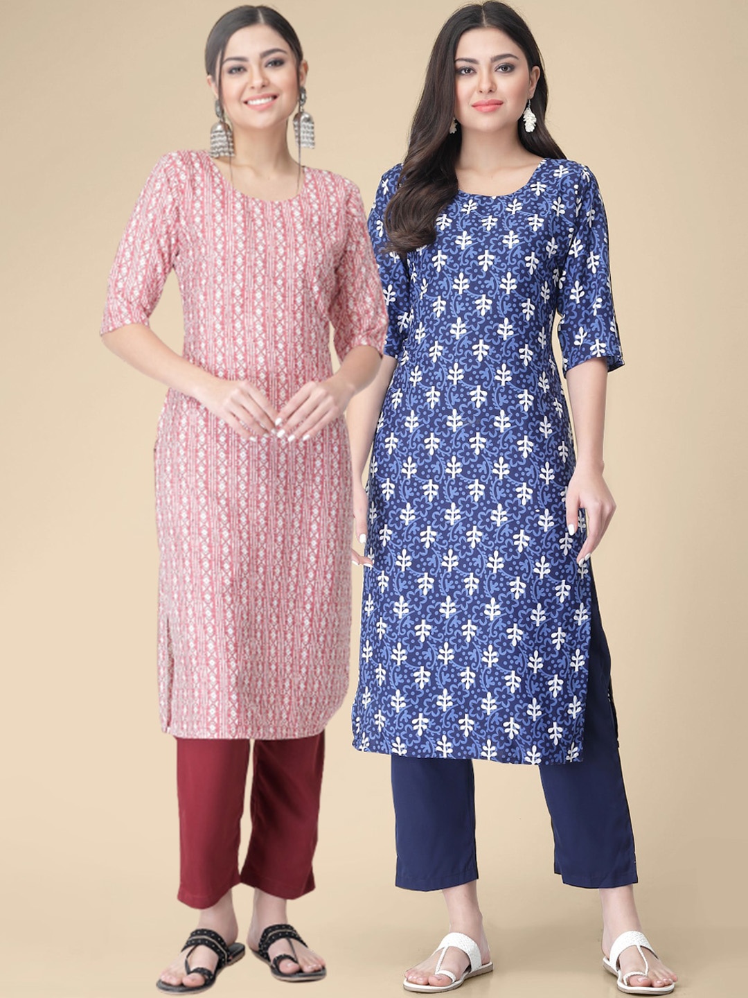 

7Threads Pack of 2 Ethnic Motifs Printed Crepe Kurta, Pink