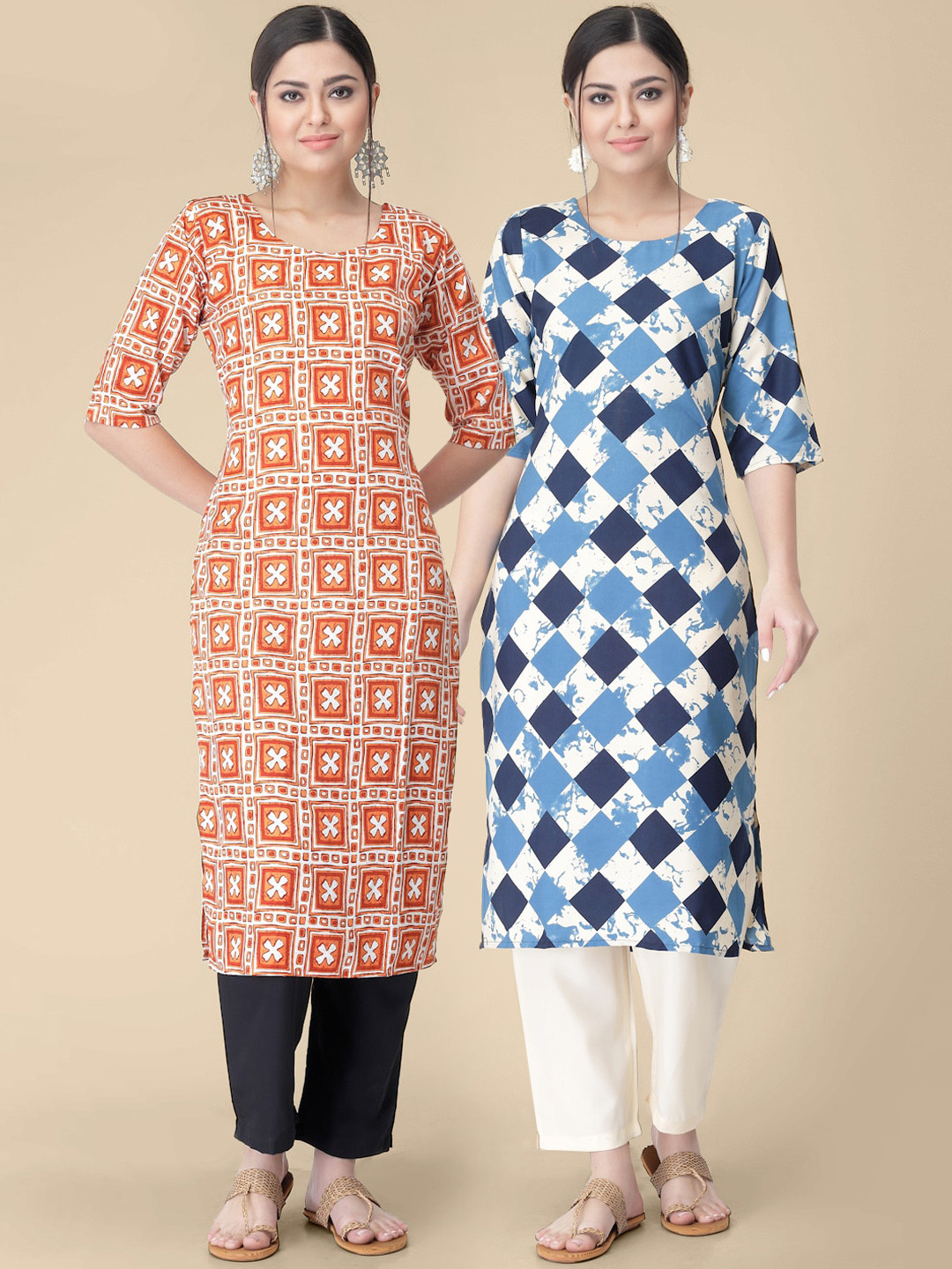 

KALINI A Selection Of 2 Geometric Printed Straight Kurtas, Coral