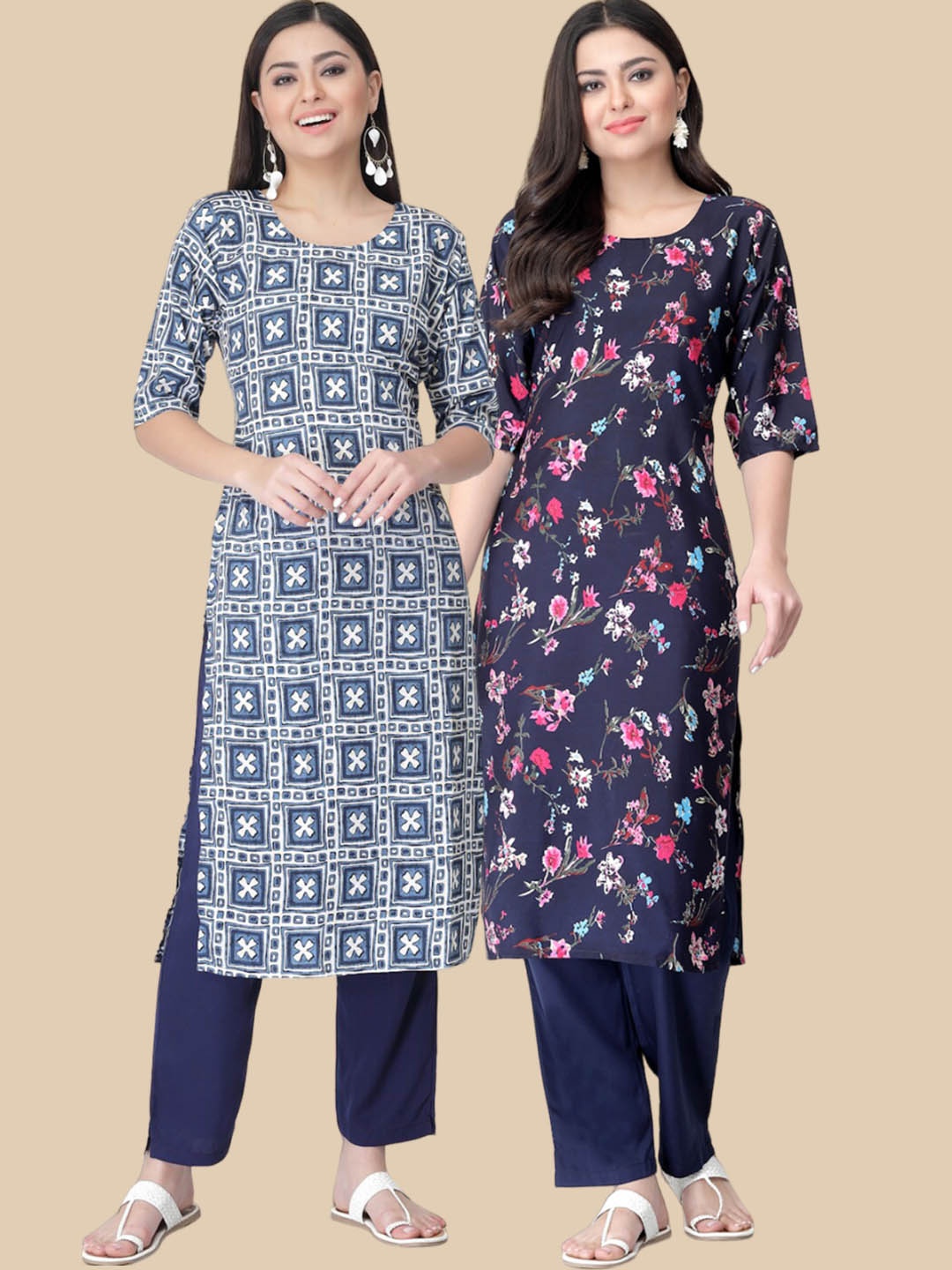 

7Threads Pack of 2 Floral Printed Crepe Kurta, Blue