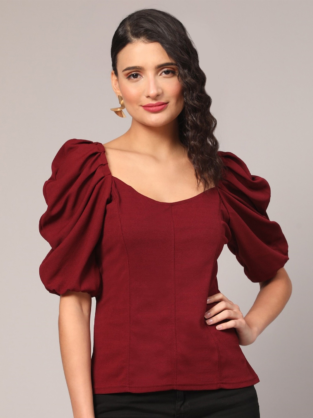 

KALINI Puff Sleeve Scoop Neck Top, Burgundy