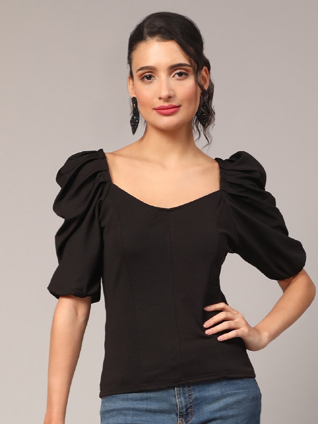

KALINI Puff Sleeve Scoop Neck Top, Black
