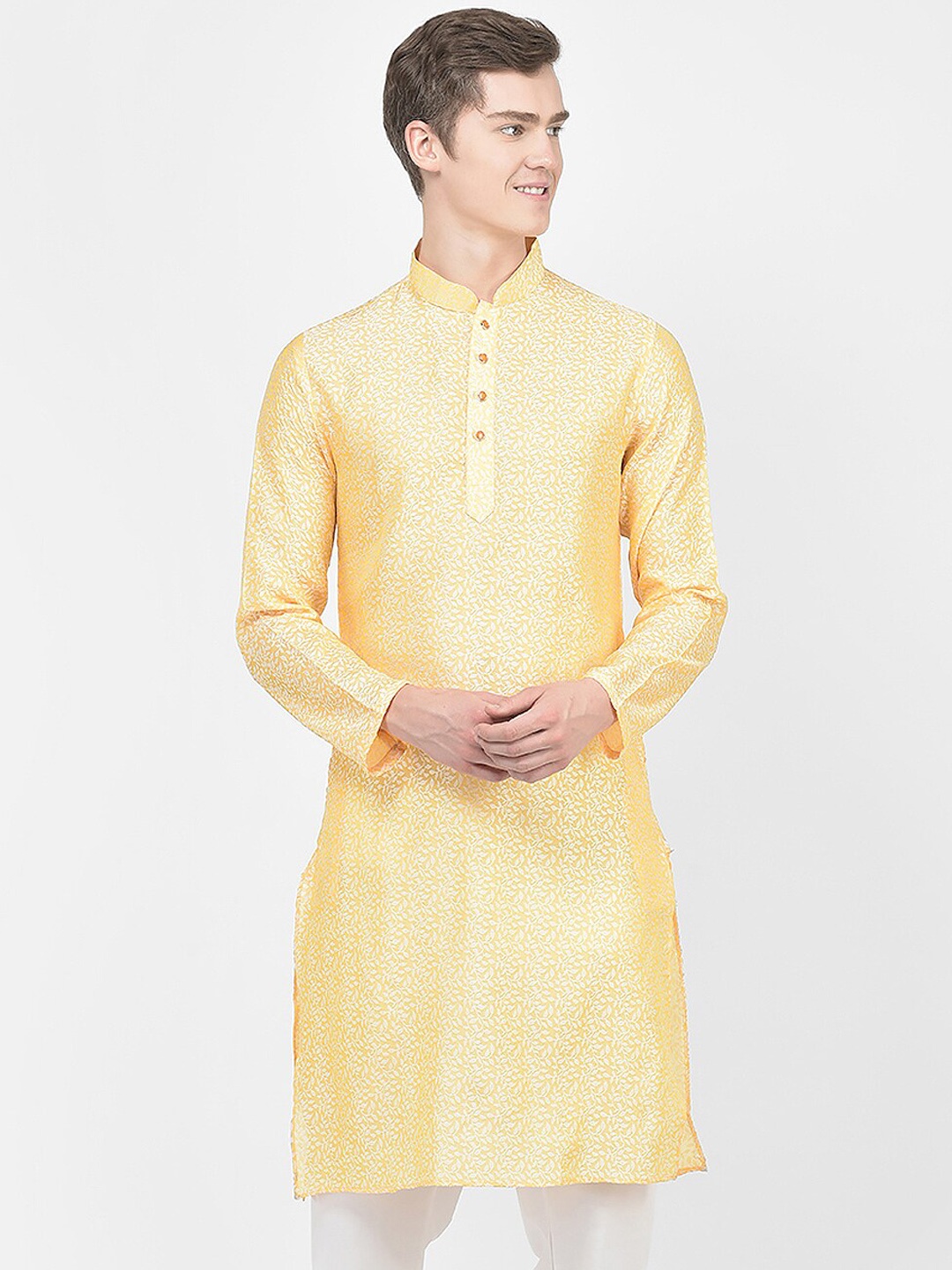 

SG LEMAN Floral Woven Design Mandarin Collar Jacquard Kurta, Gold