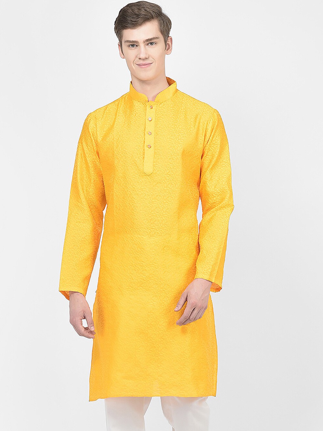 

SG LEMAN Woven Design Mandarin Collar Jacquard Kurta, Yellow