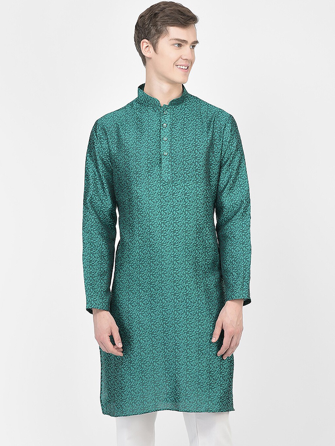 

SG LEMAN Woven Design Mandarin Collar Jacquard Kurta, Teal