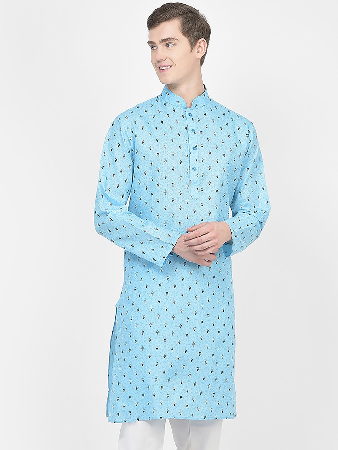 

SG LEMAN Ethnic Motifs Printed Mandarin Collar Cotton Kurta, Turquoise blue