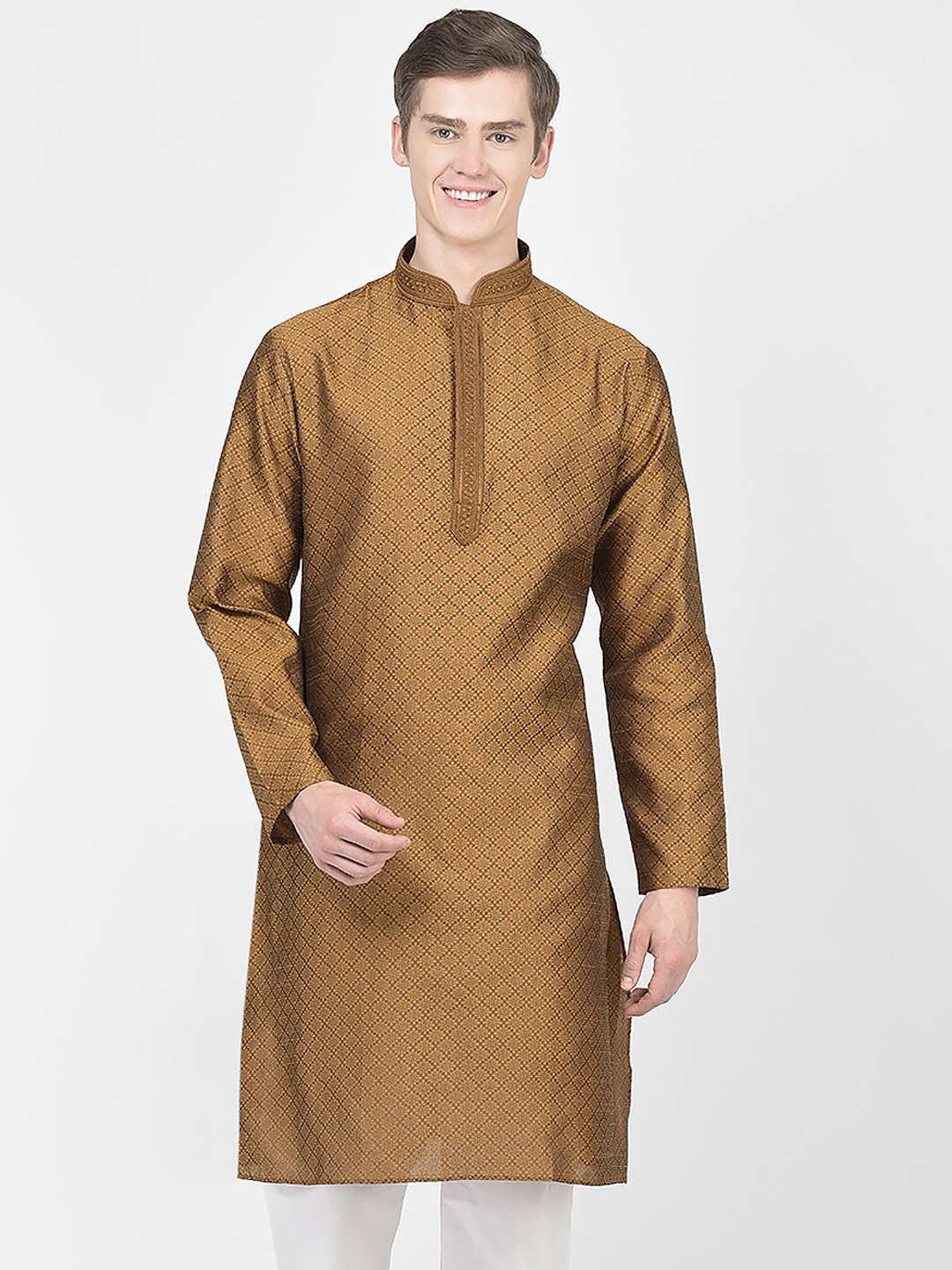 

SG LEMAN Woven Design Mandarin Collar Jacquard Kurta, Brown