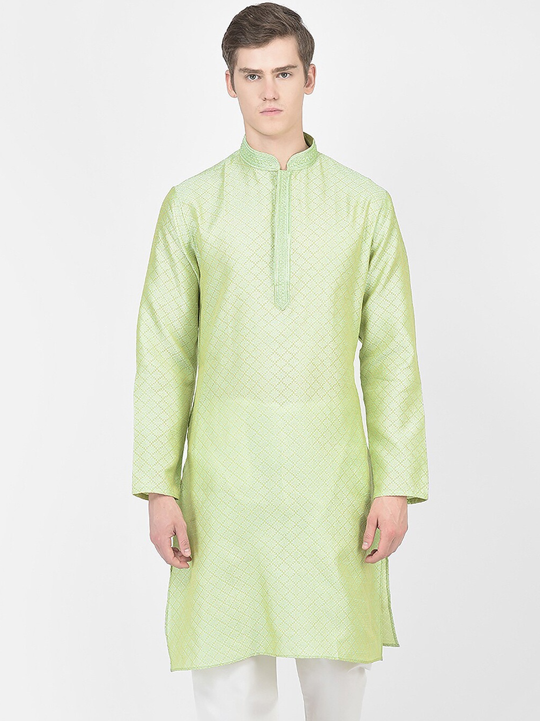 

SG LEMAN Woven Design Mandarin Collar Jacquard Kurta, Green