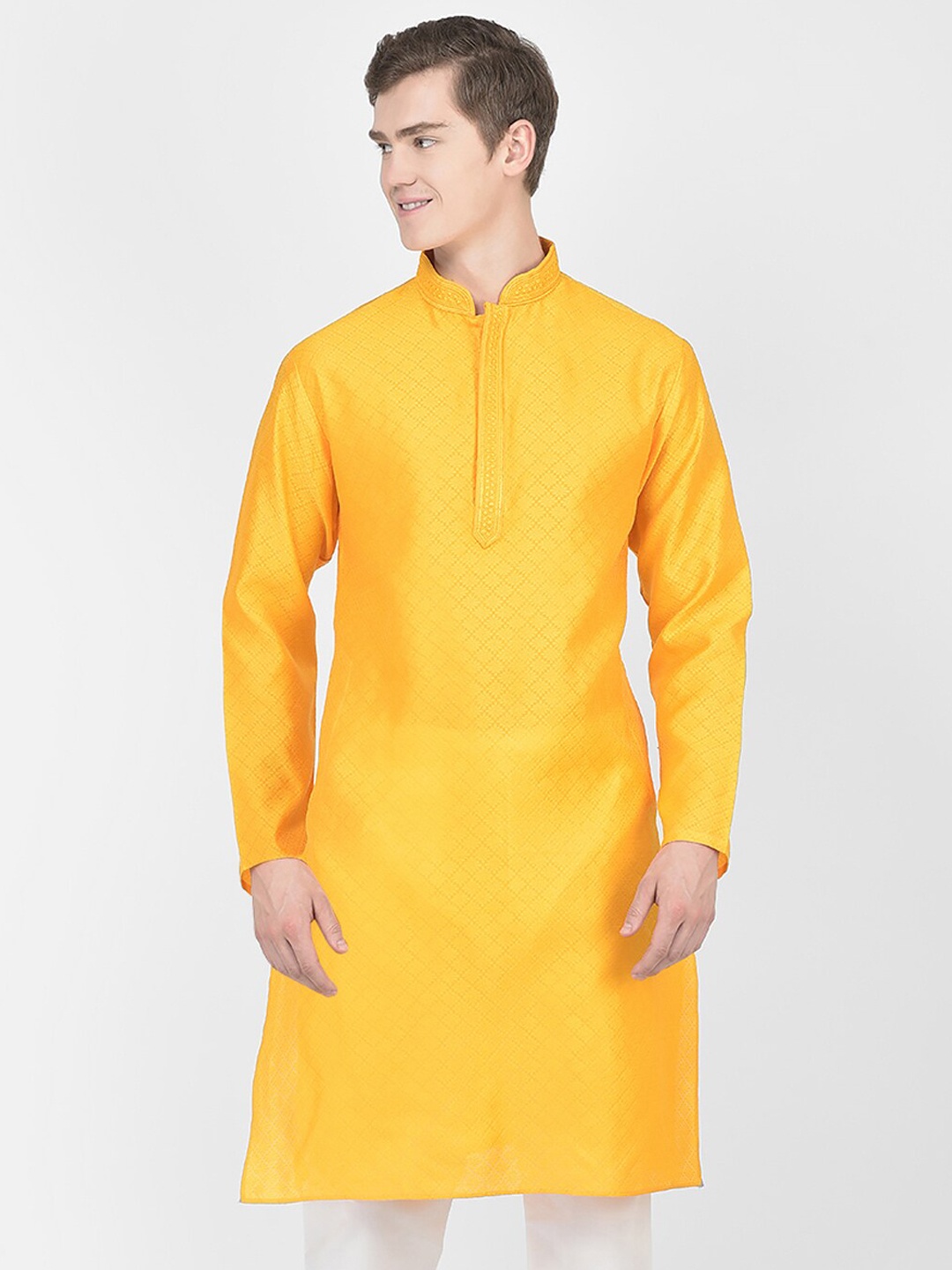 

SG LEMAN Woven Design Ethnic Motifs Mandarin Collar Kurta, Yellow