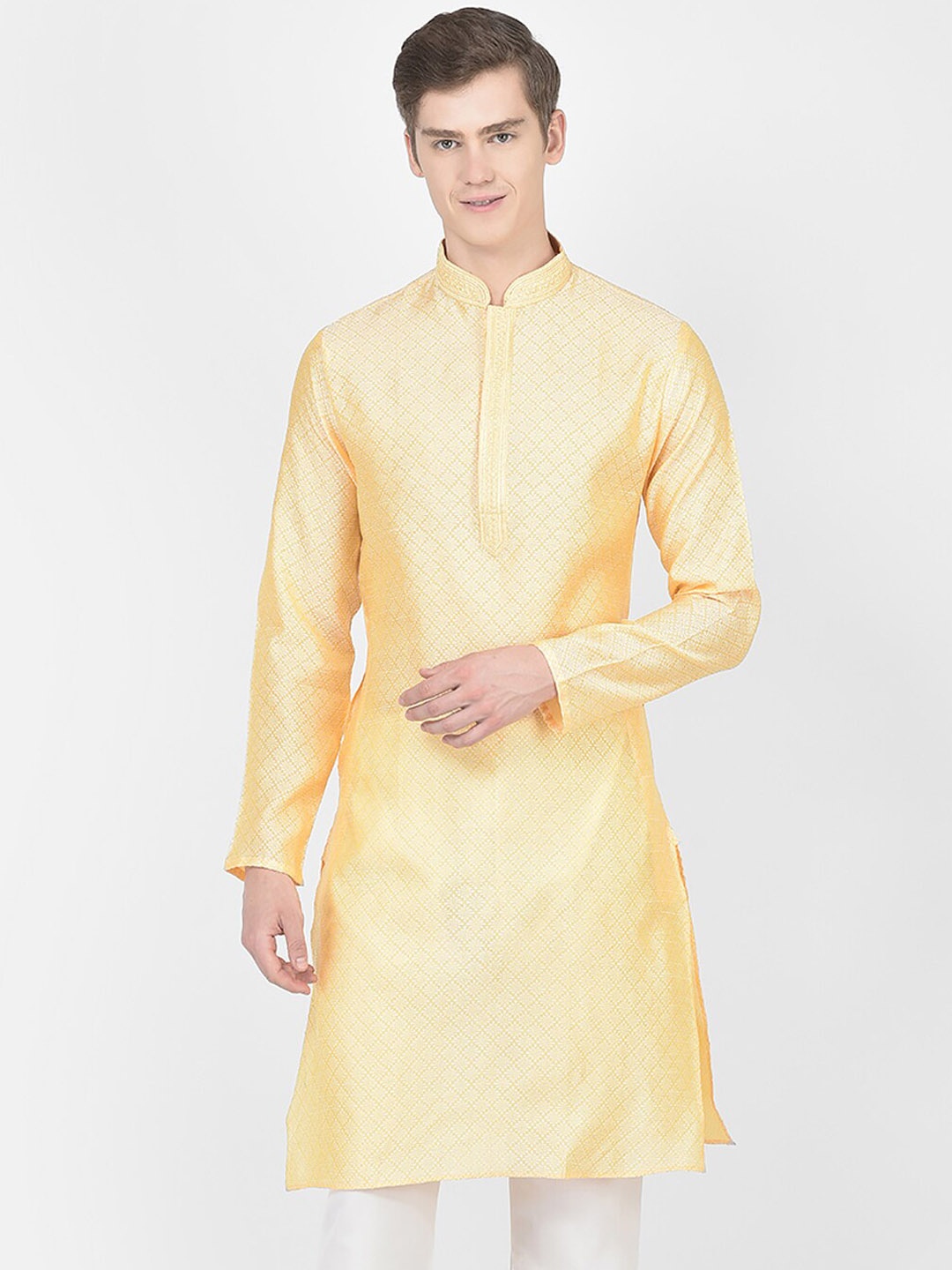 

SG LEMAN Woven Design Ethnic Motifs Mandarin Collar Kurta, Yellow