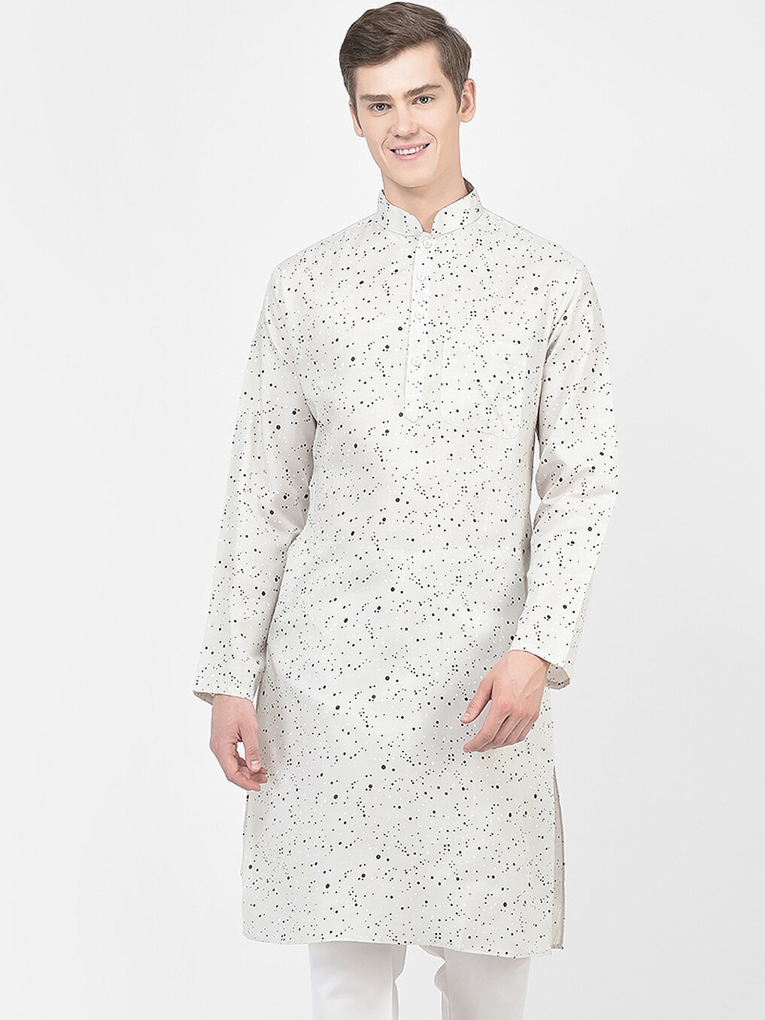 

SG LEMAN Geometric Printed Mandarin Collar Cotton Kurta, Off white