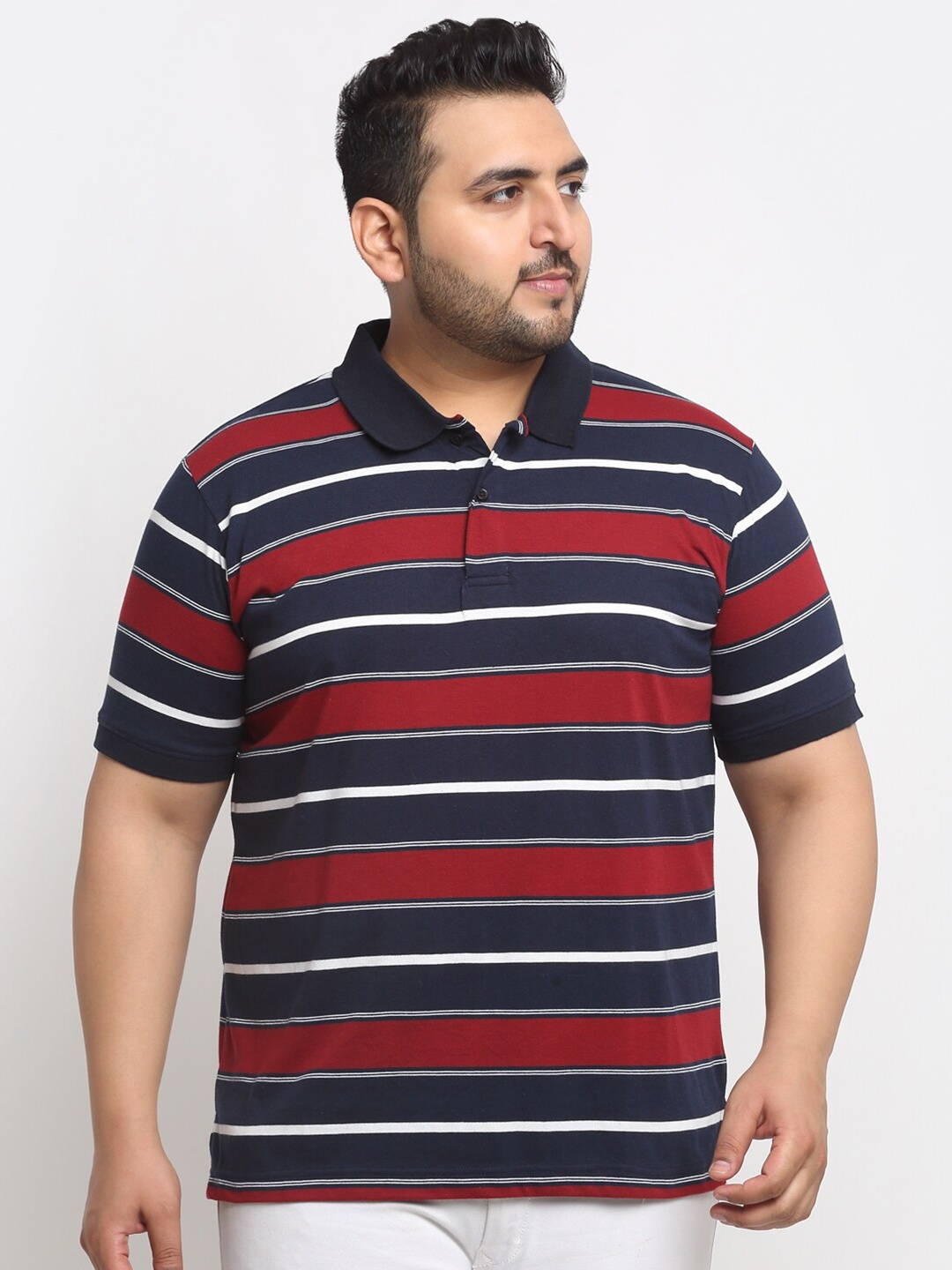 

plusS Red And Navy Blue Striped Polo Collar Cotton T-Shirt