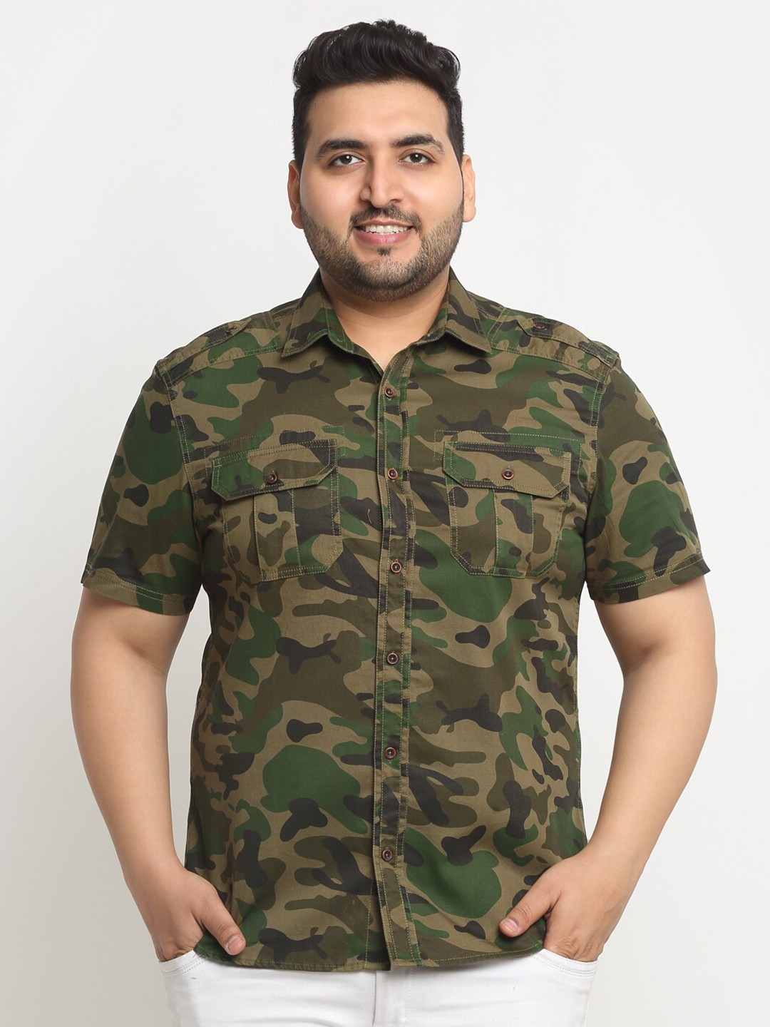 

plusS Plus Size Green Camouflage Printed Opaque Casual Shirt, Brown