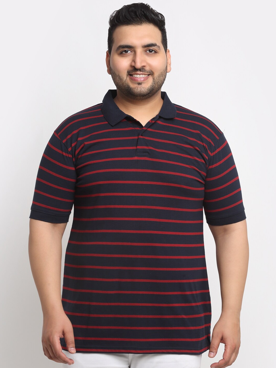 

plusS Black And Red Striped Polo Collar Cotton T-Shirt