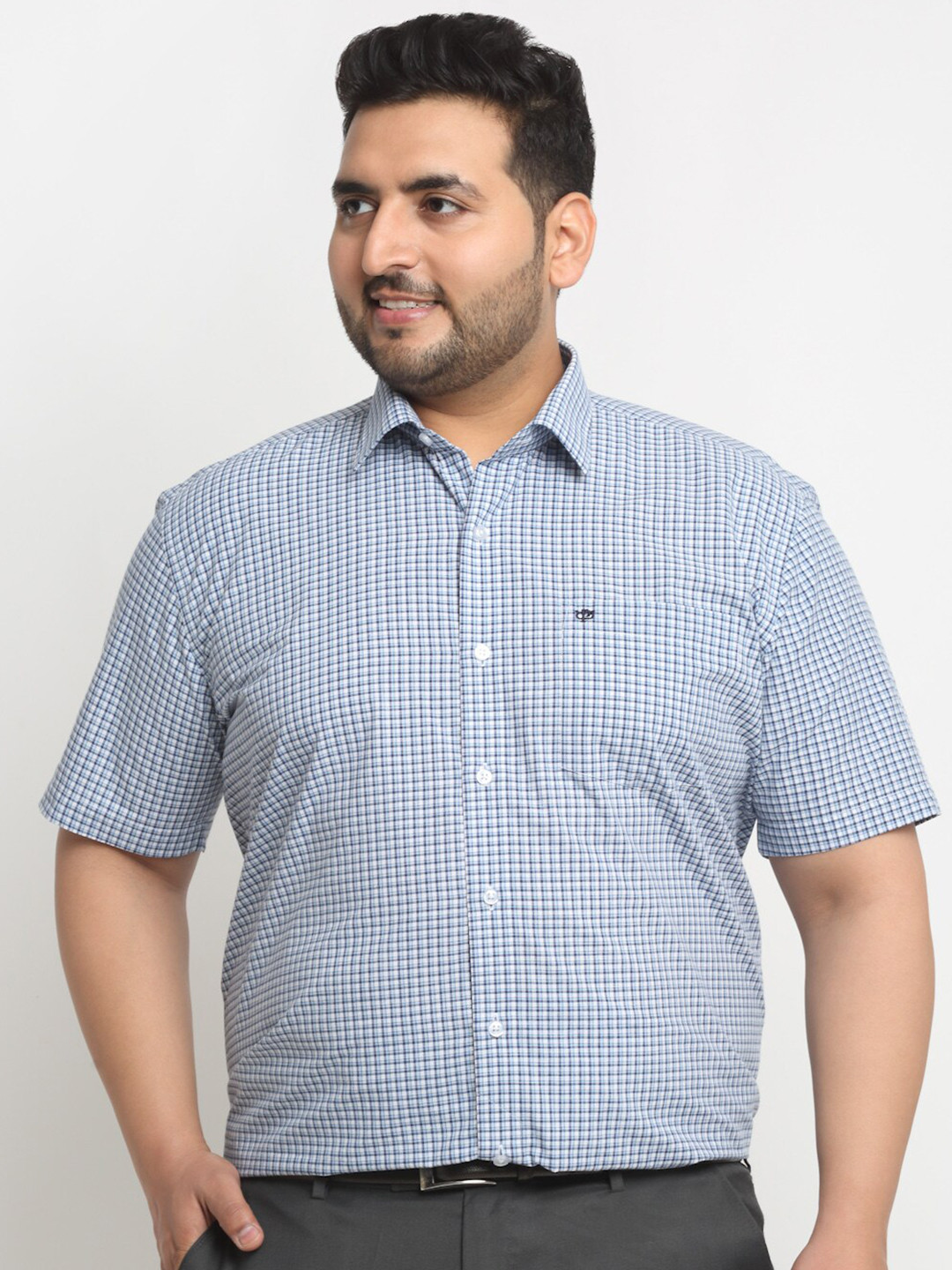 

plusS Plus Size Blue Micro Checked Opaque Formal Shirt