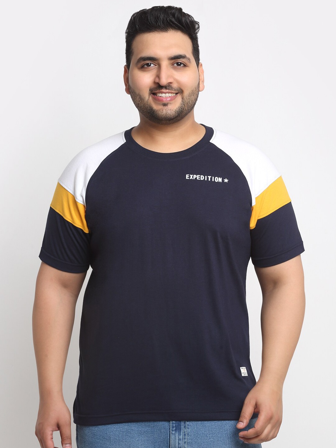 

plusS Black Round Neck Raglan Sleeves Cotton T-Shirt, Navy blue