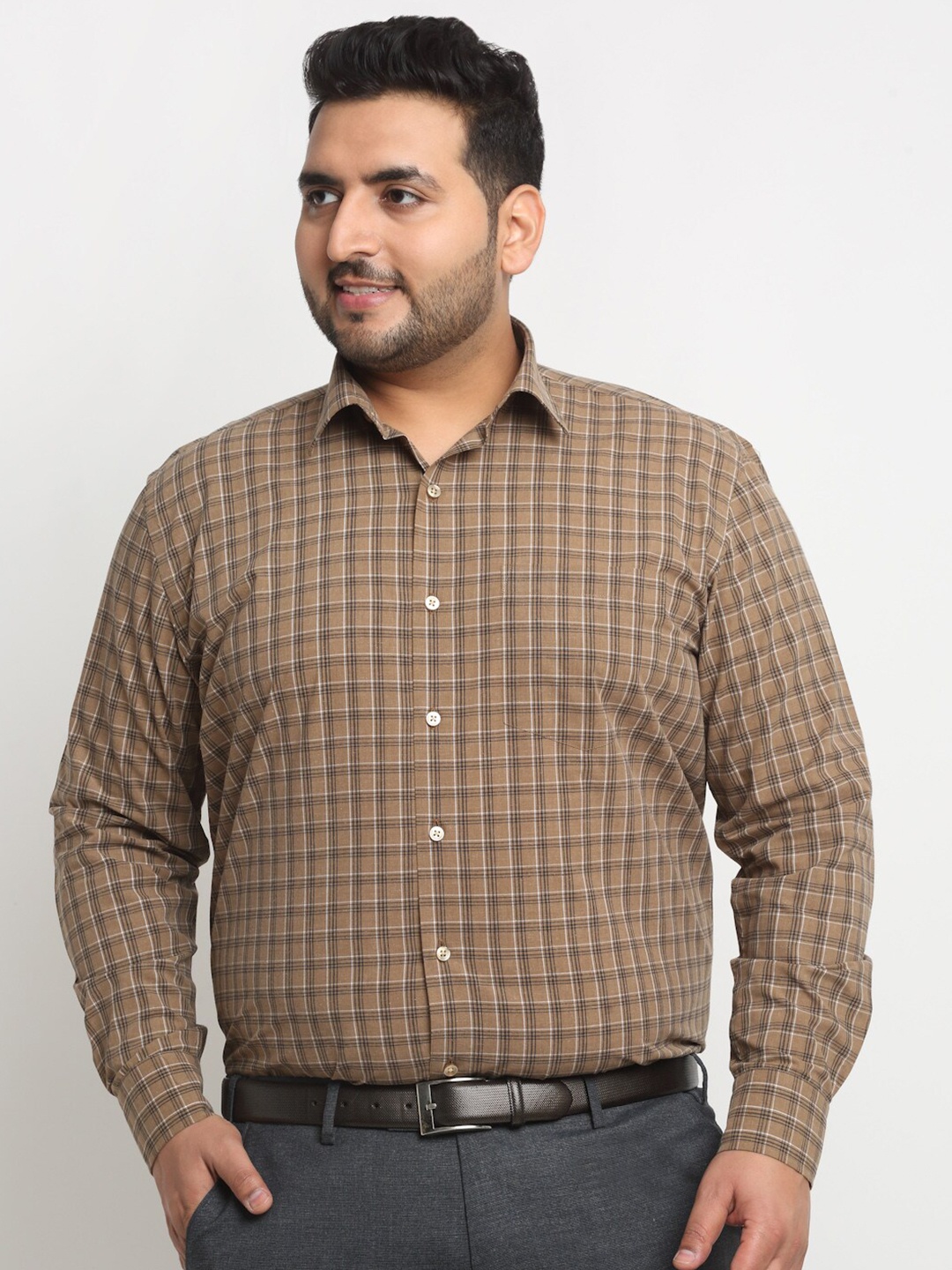 

plusS Plus Size Brown Grid Tattersall Checked Opaque Formal Shirt