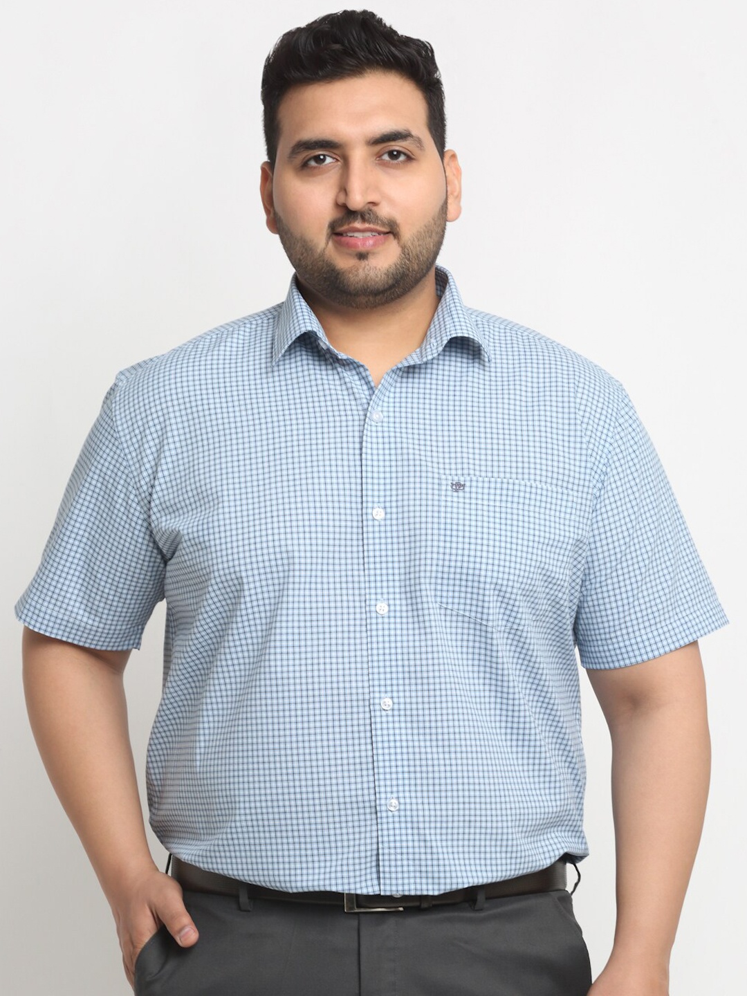 

plusS Plus Size Blue Micro Checked Opaque Formal Shirt