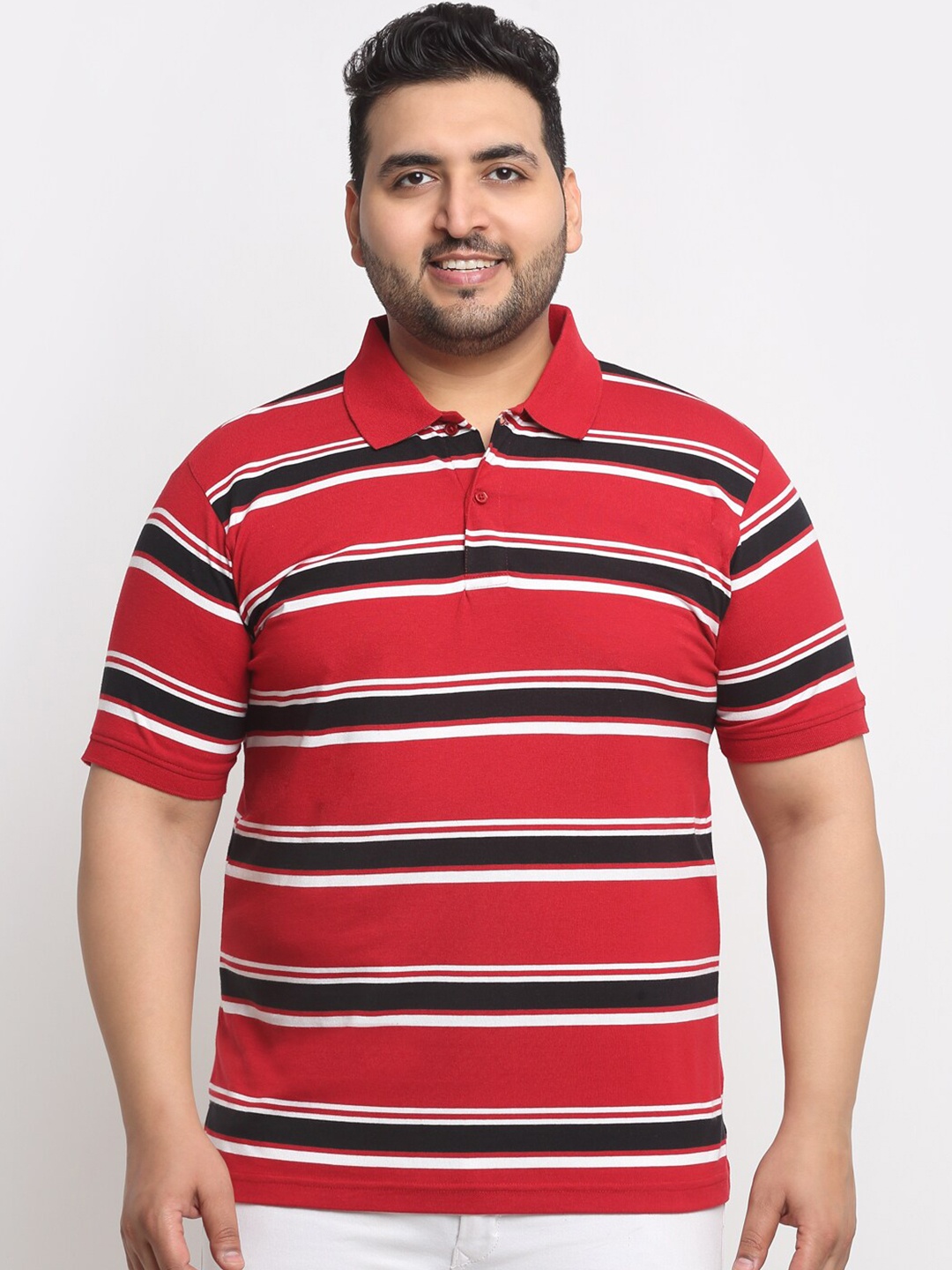 

plusS Red And Black Striped Polo Collar Cotton T-Shirt