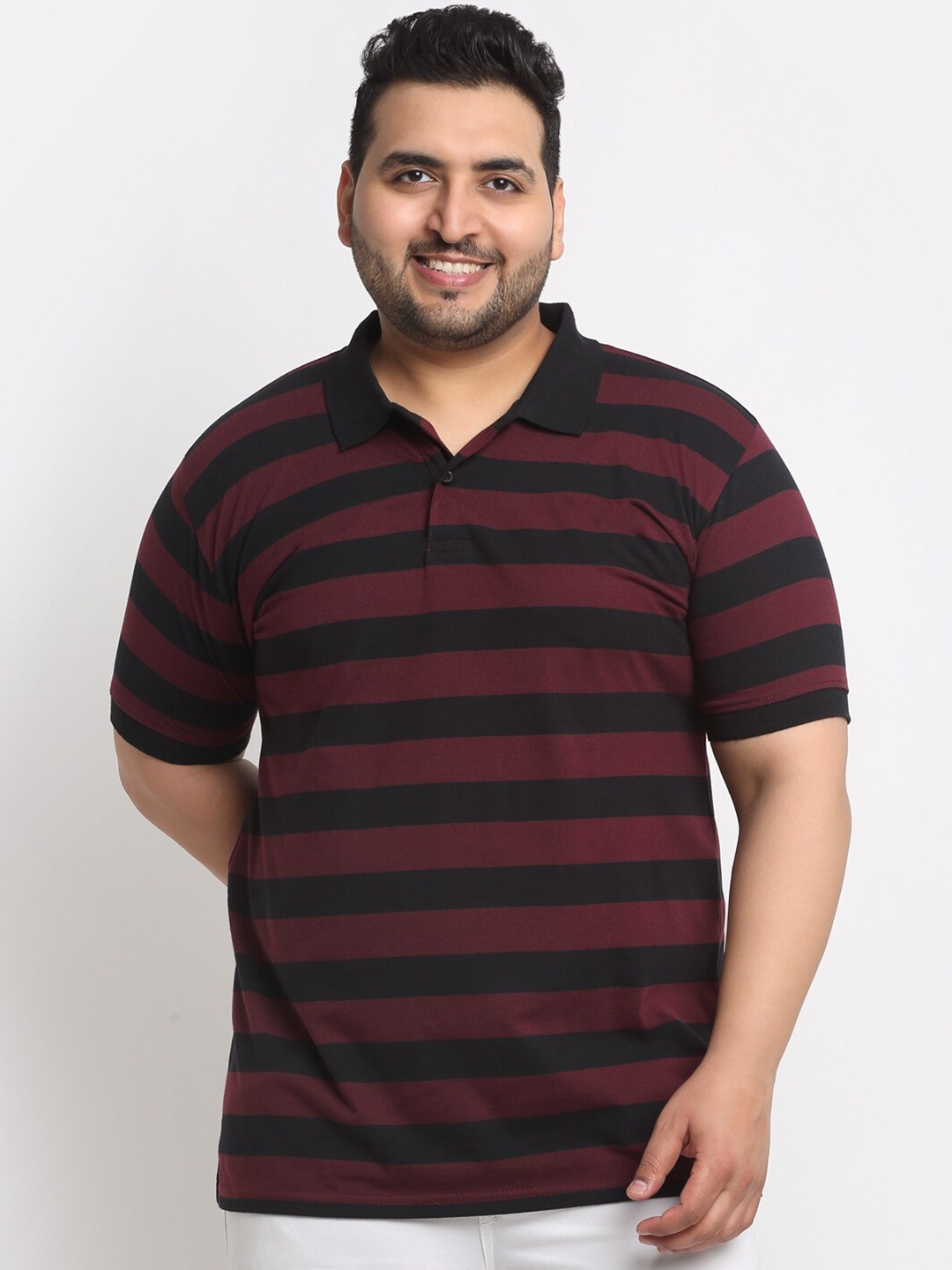 

plusS Maroon & Black Striped Polo Collar Cotton T-Shirt