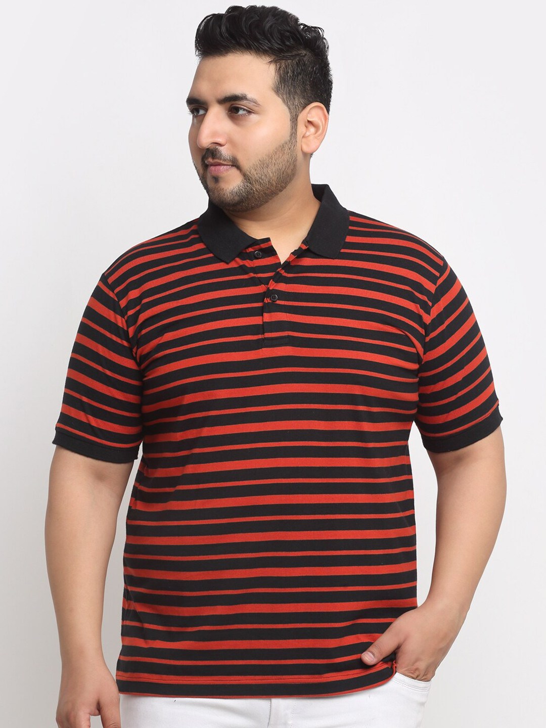 

plusS Red And Black Striped Polo Collar Cotton T-Shirt, Orange