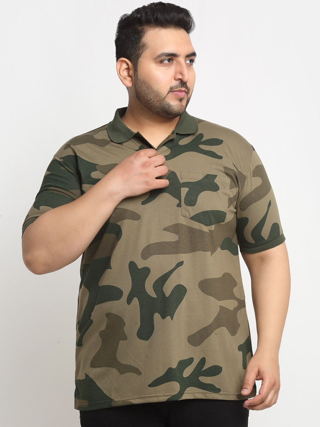 

plusS Camouflage Printed Polo Collar Cotton T-Shirt, Green