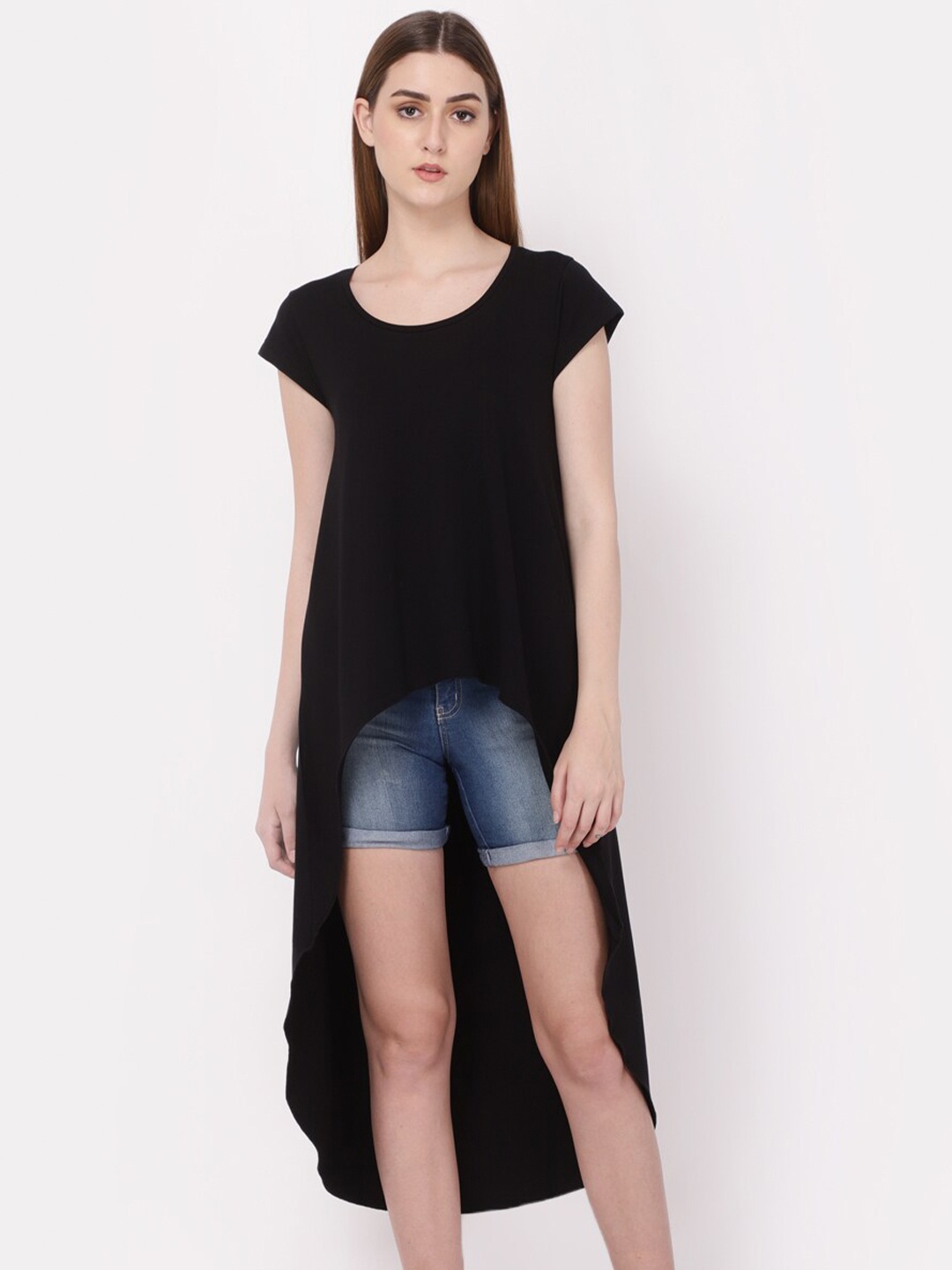 

YOONOY Round Neck Cotton High-Low Longline Top, Black
