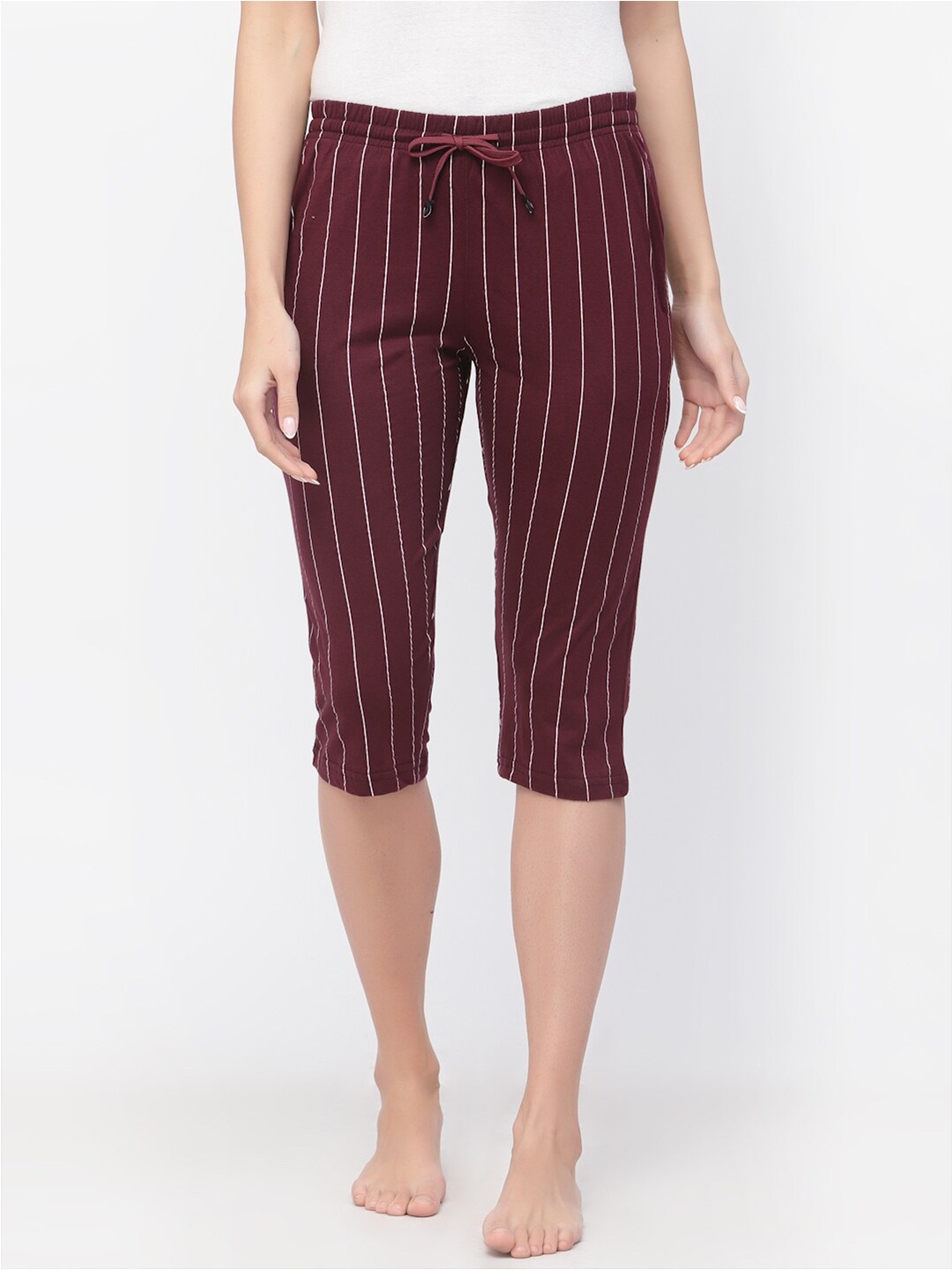 

Floret Women Striped Cotton Regular Fit Mid-Rise Lounge Capris, Maroon