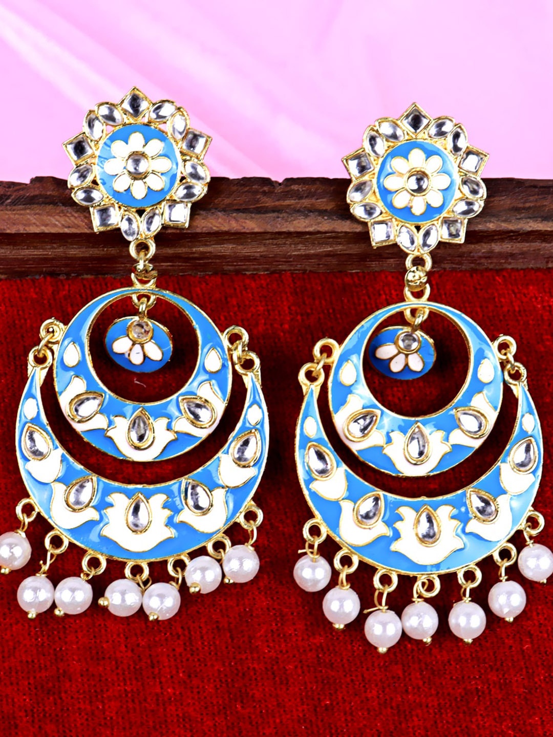 

Krelin Crescent Shaped Artificial Stones & Studded Chandbalis Earrings, Blue
