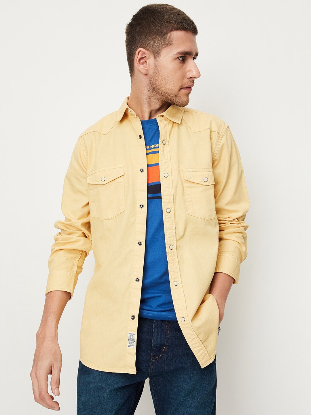 

max Spread Collar Long Sleeves Opaque Casual Pure Cotton Shirt, Yellow