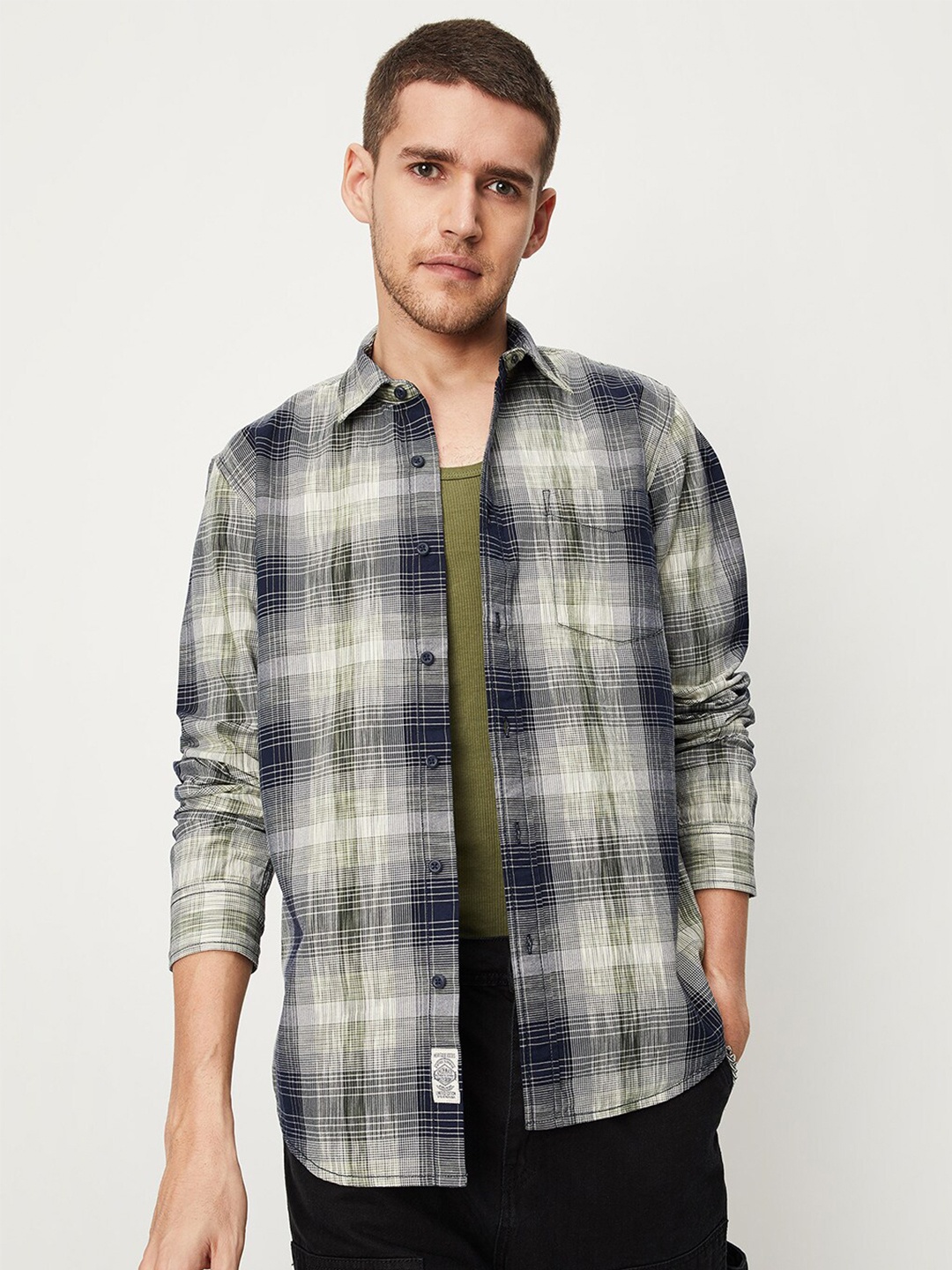 

max Men Green Tartan Checked Pure Cotton Casual Shirt