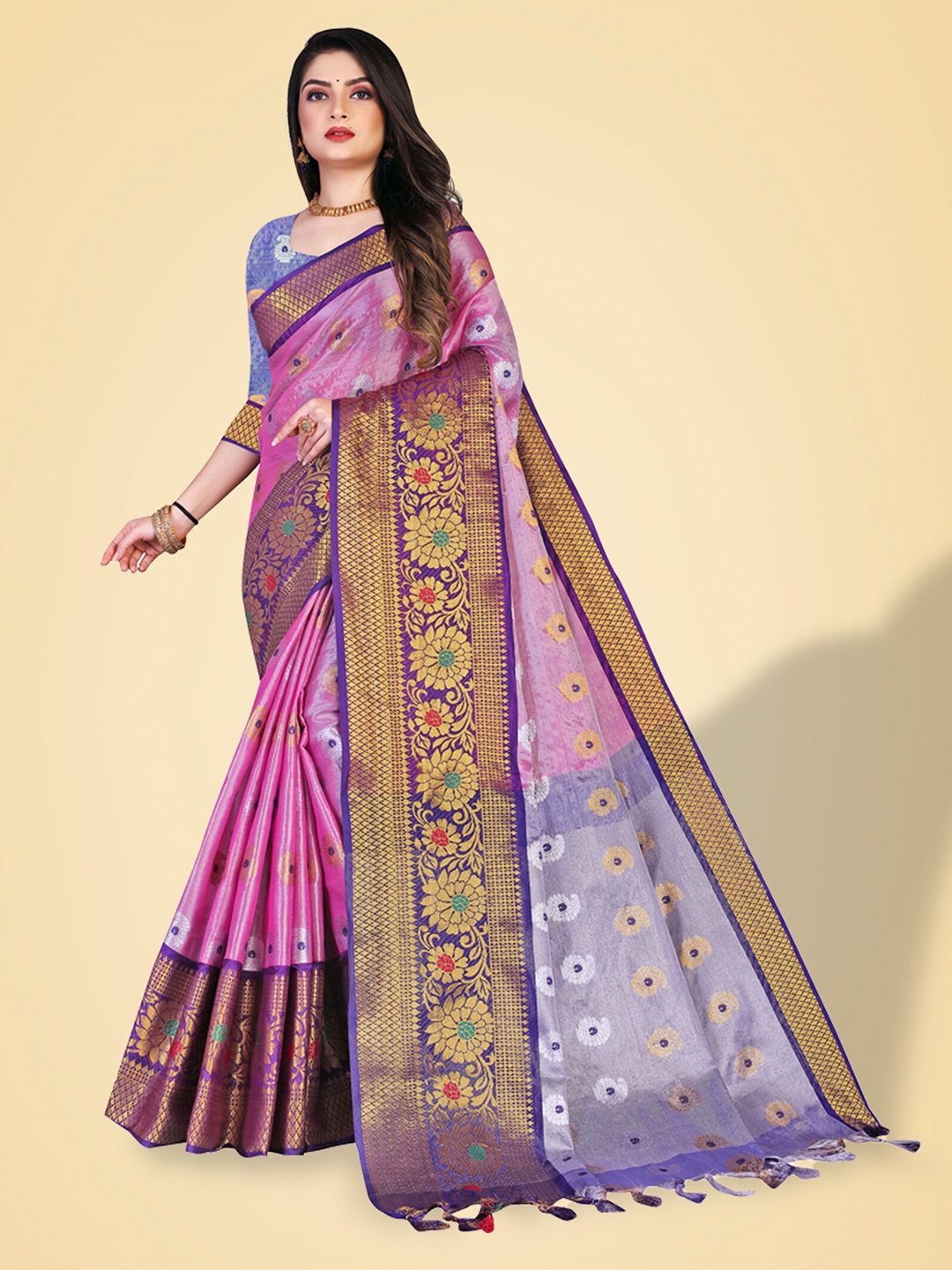 

N N ENTERPRISE Woven Design Zari Silk Cotton Kanjeevaram Saree, Purple