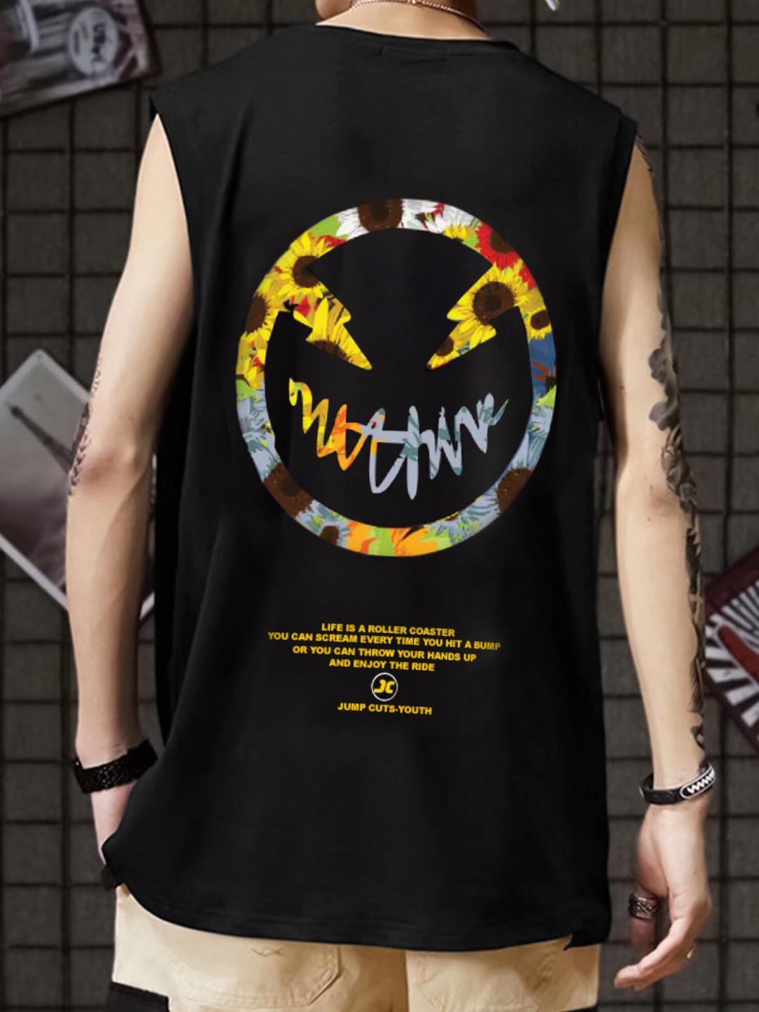 JUMPCUTS Graphic Printed Sleeveless Boxy T-shirt, Black