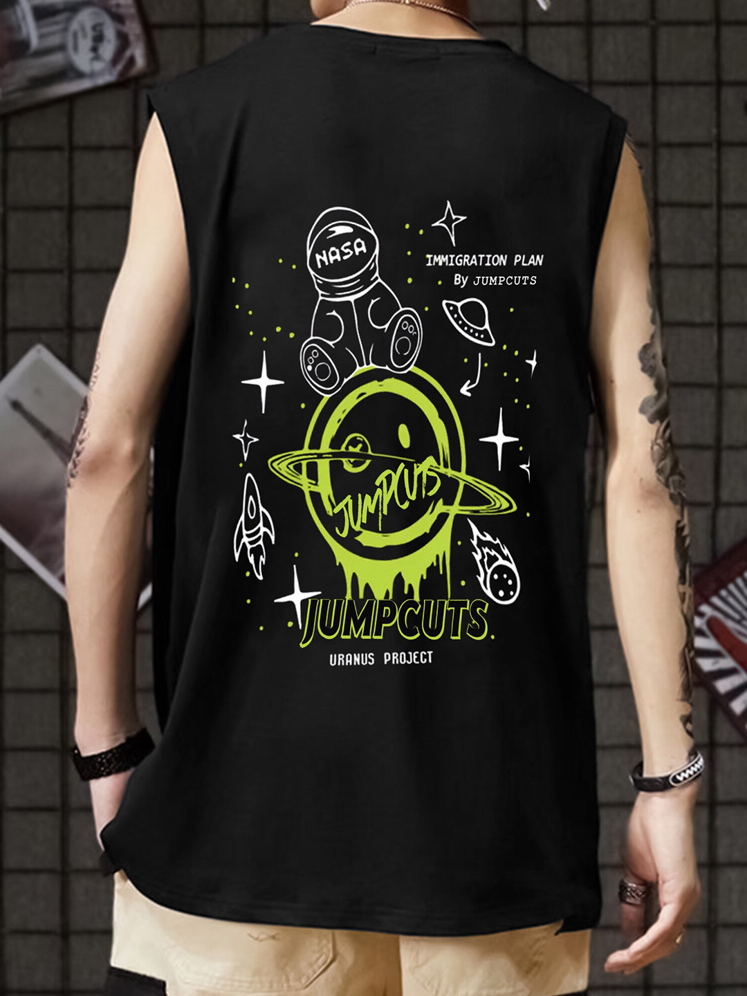 

JUMPCUTS Graphic Printed Round Neck Sleeveless Boxy Fit T-shirt, Black