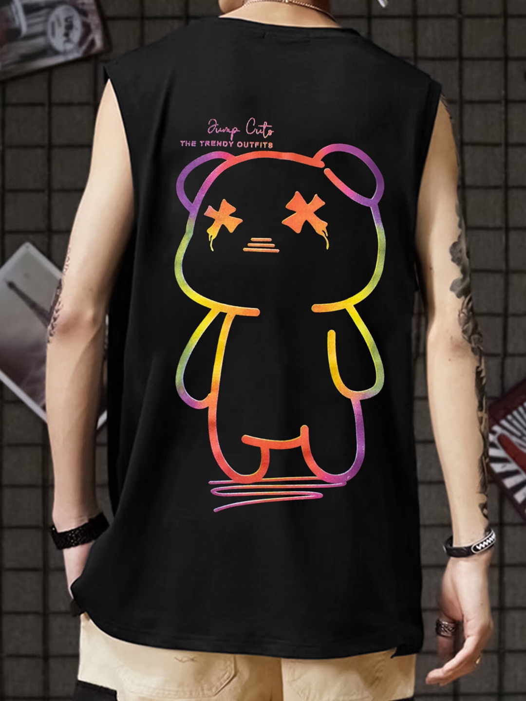 

JUMPCUTS Graphic Printed Round Neck Sleeveless Boxy Fit T-shirt, Black