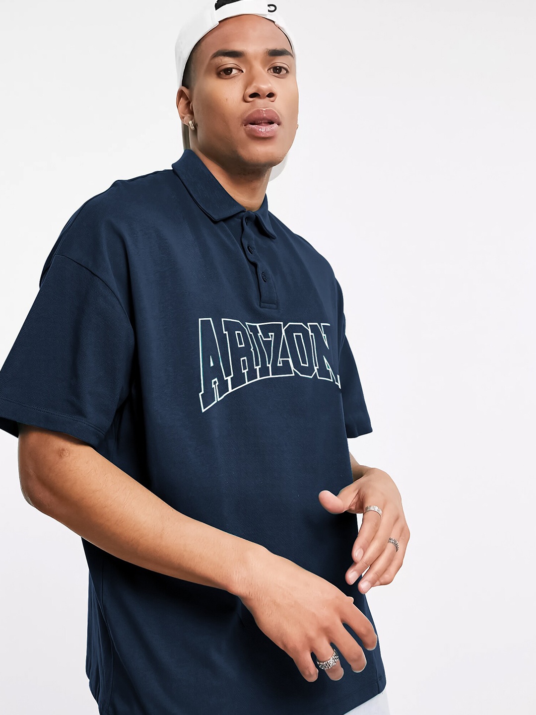 

JUMPCUTS Typography Printed Drop-Shoulder Sleeves Polo Collar Boxy Fit T-shirt, Navy blue