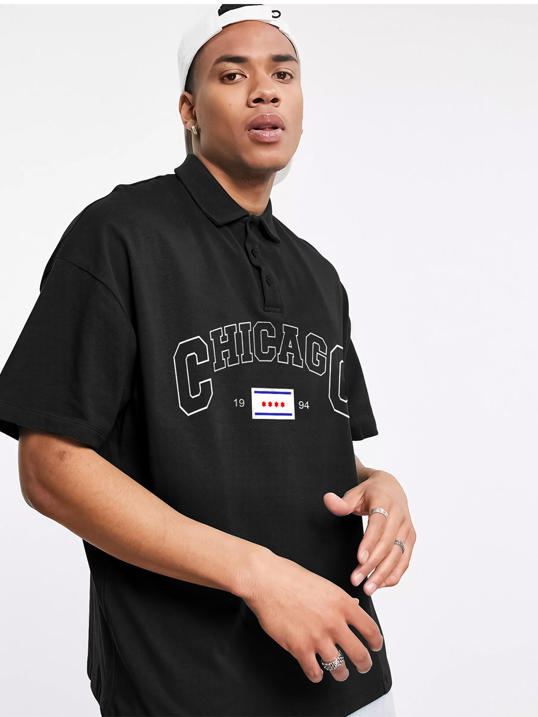 

JUMPCUTS Typography Printed Drop-Shoulder Sleeves Polo Collar Boxy Fit T-shirt, Black
