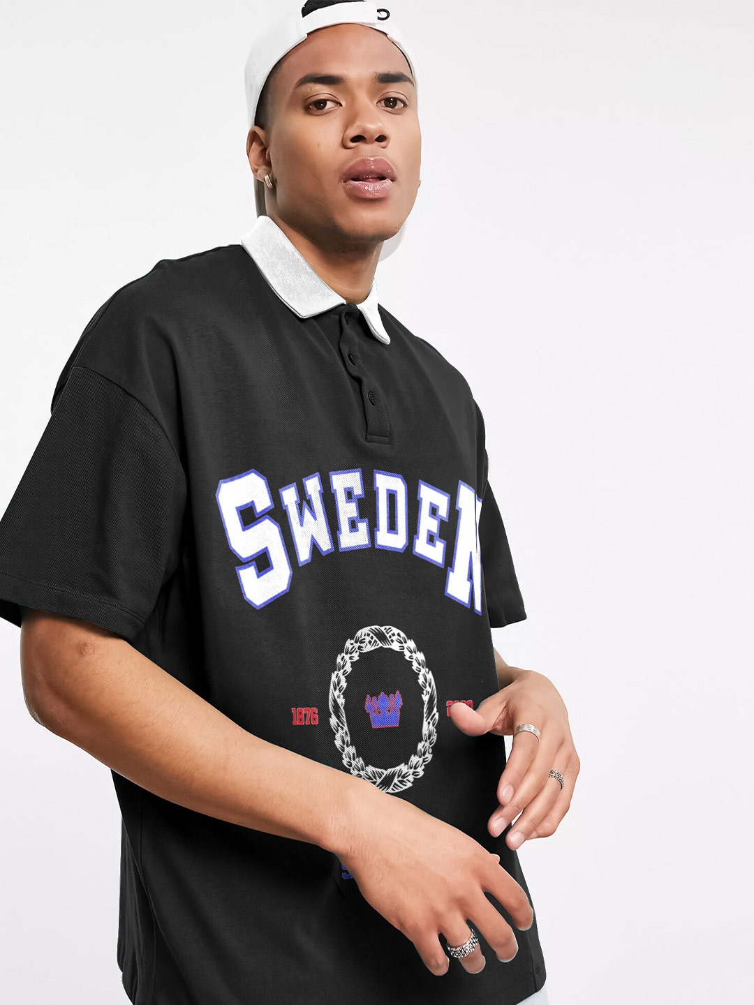 

JUMPCUTS Typography Printed Polo Collar Oversize T-shirt, Black