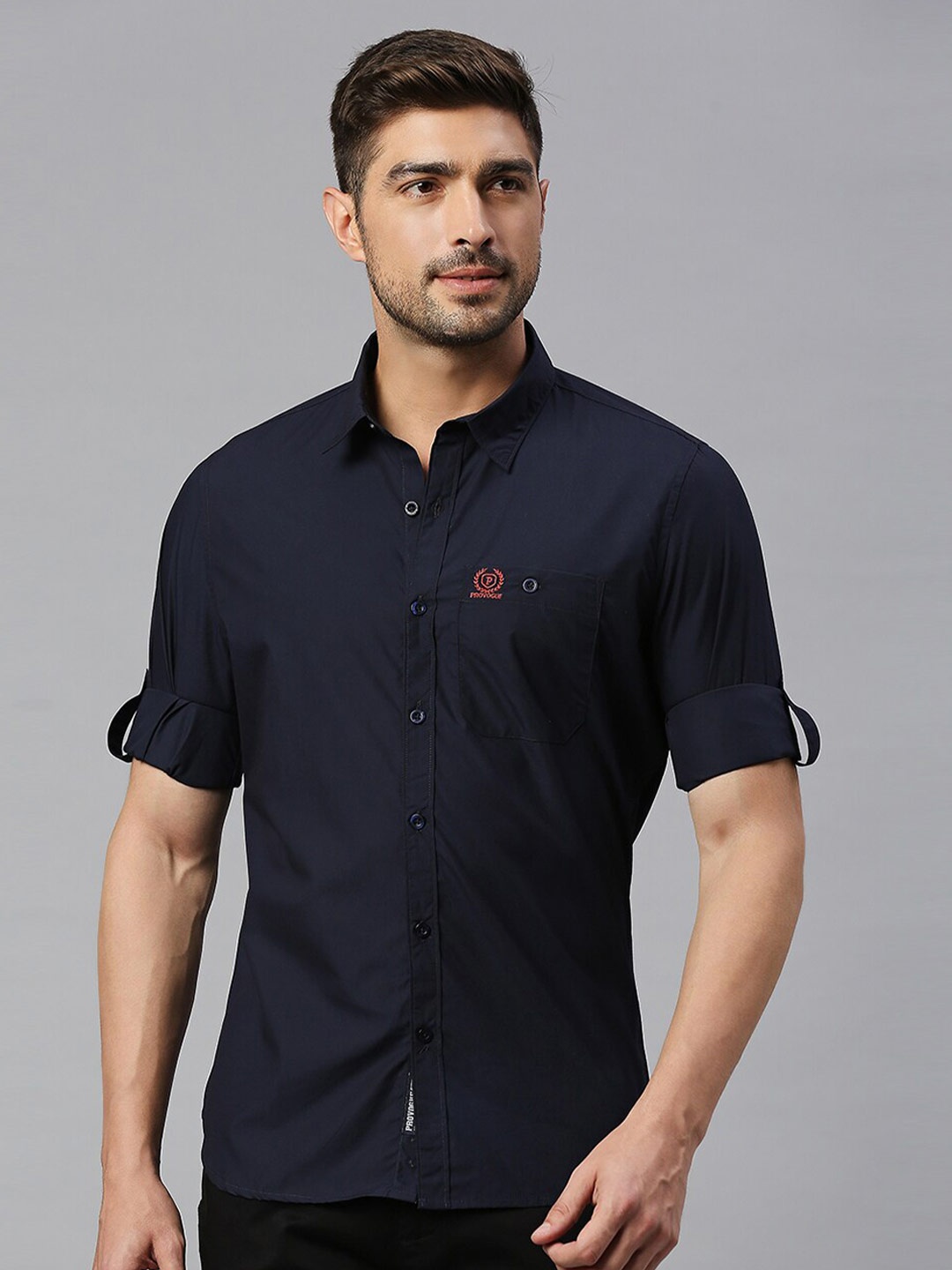 

Provogue Spread Collar Roll-Up Sleeves Classic Slim Fit Pure Cotton Casual Shirt, Navy blue