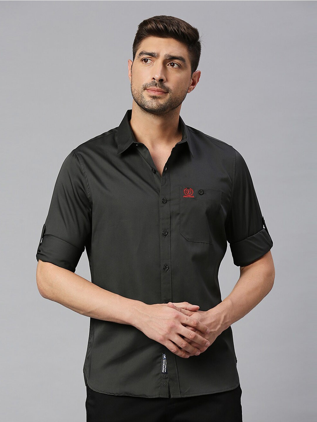 

Provogue Spread Collar Roll-Up Sleeves Classic Slim Fit Pure Cotton Casual Shirt, Black