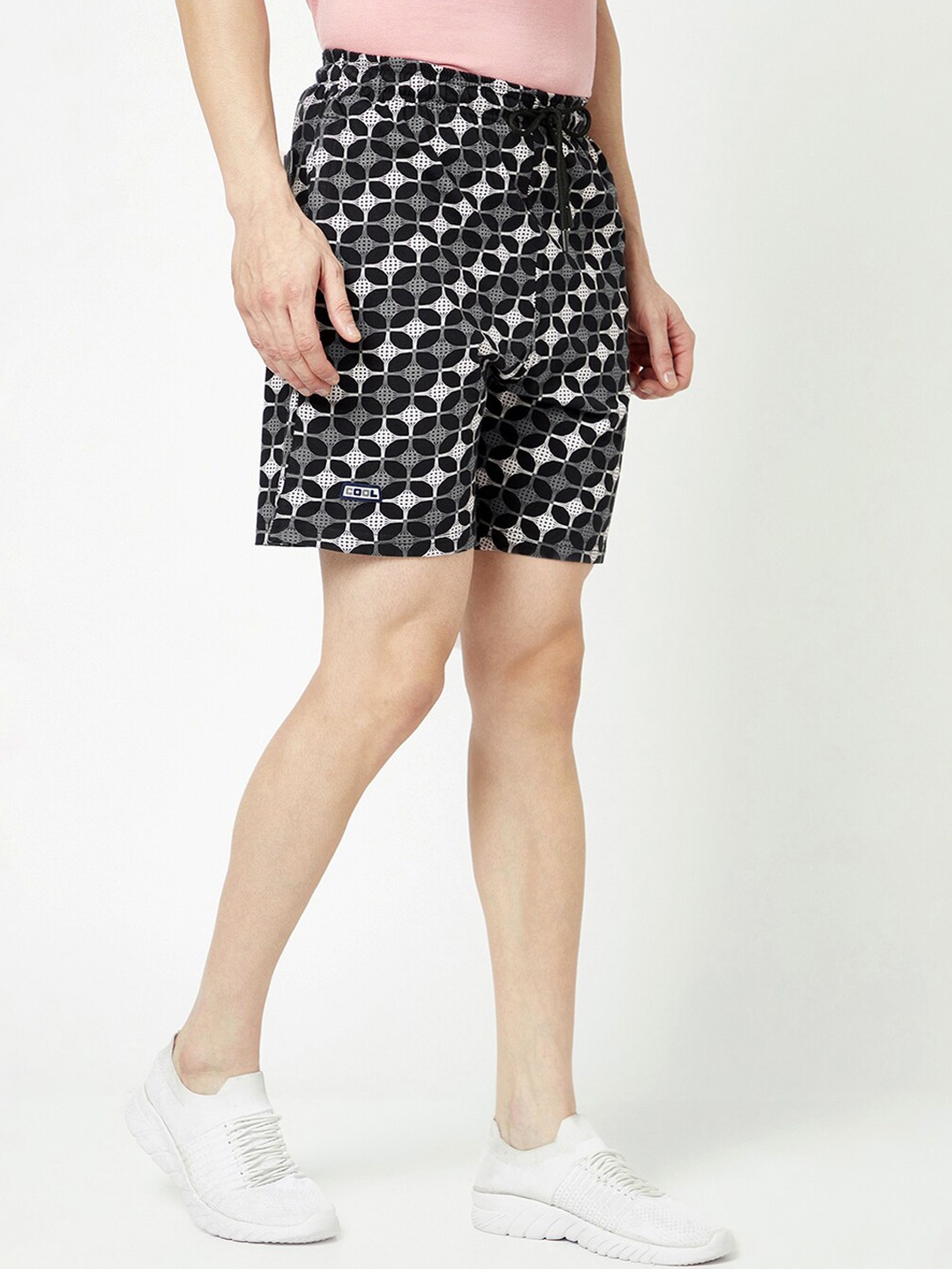 

T.T. Men Geometric Printed Mid Rise Drawstring Sports Shorts, Black