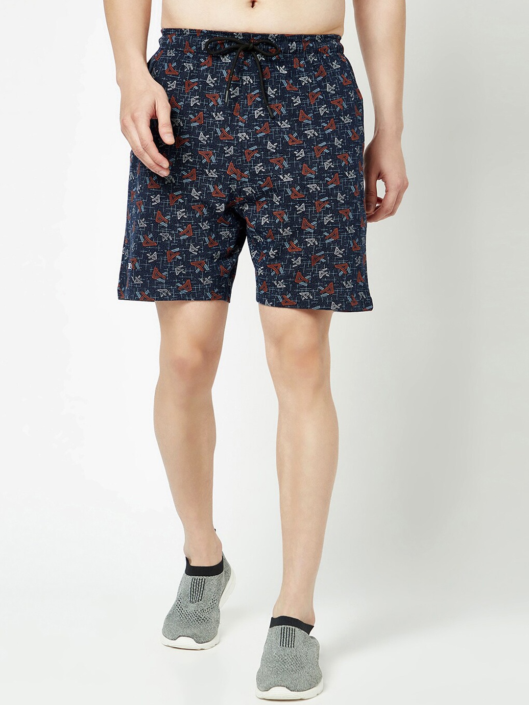 

T.T. Men Abstract Printed Mid Rise Drawstring Sports Shorts, Navy blue