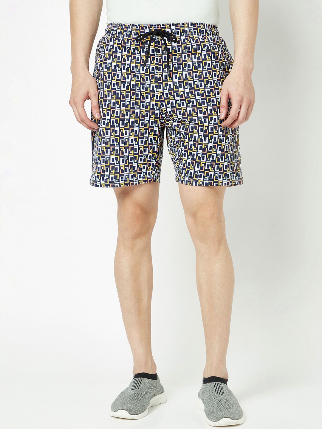 

T.T. Men Geometric Printed Mid Rise Drawstring Sports Shorts, Navy blue