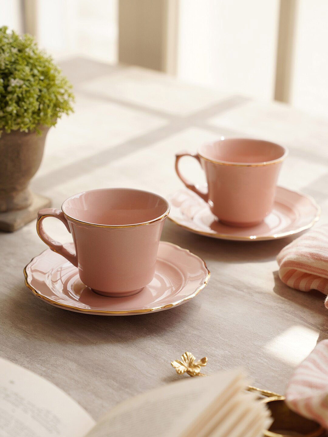 

Pure Home and Living Pink & Gold-Toned 2Pcs Porcelain Glossy Cups and Saucers 330 ml Each